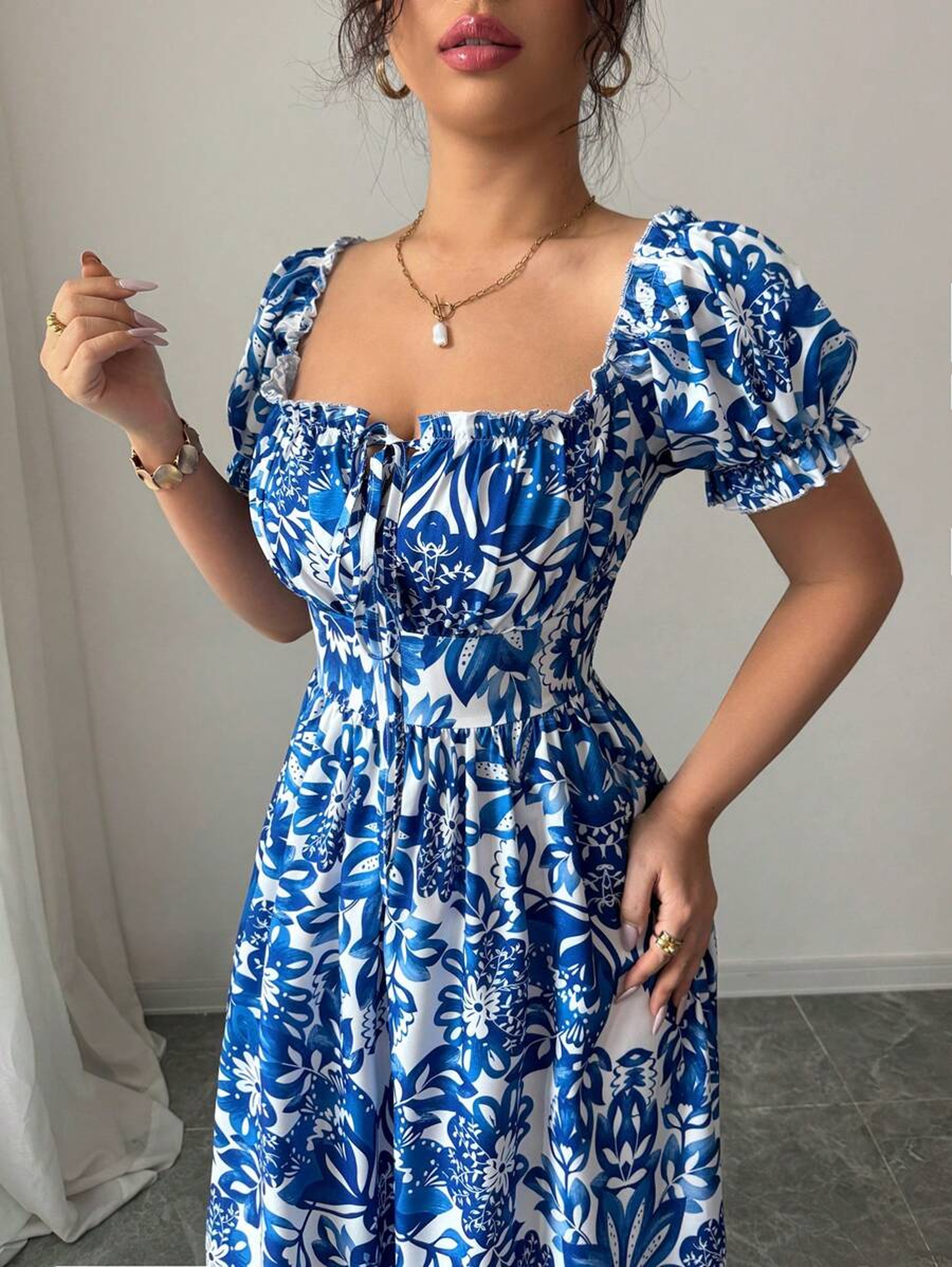 Blue Long Dress, Elegant Women's Floral Print, Front Tie Back Gathered Waist, Bubble Sleeve Dress for Casual Vacation – view 6