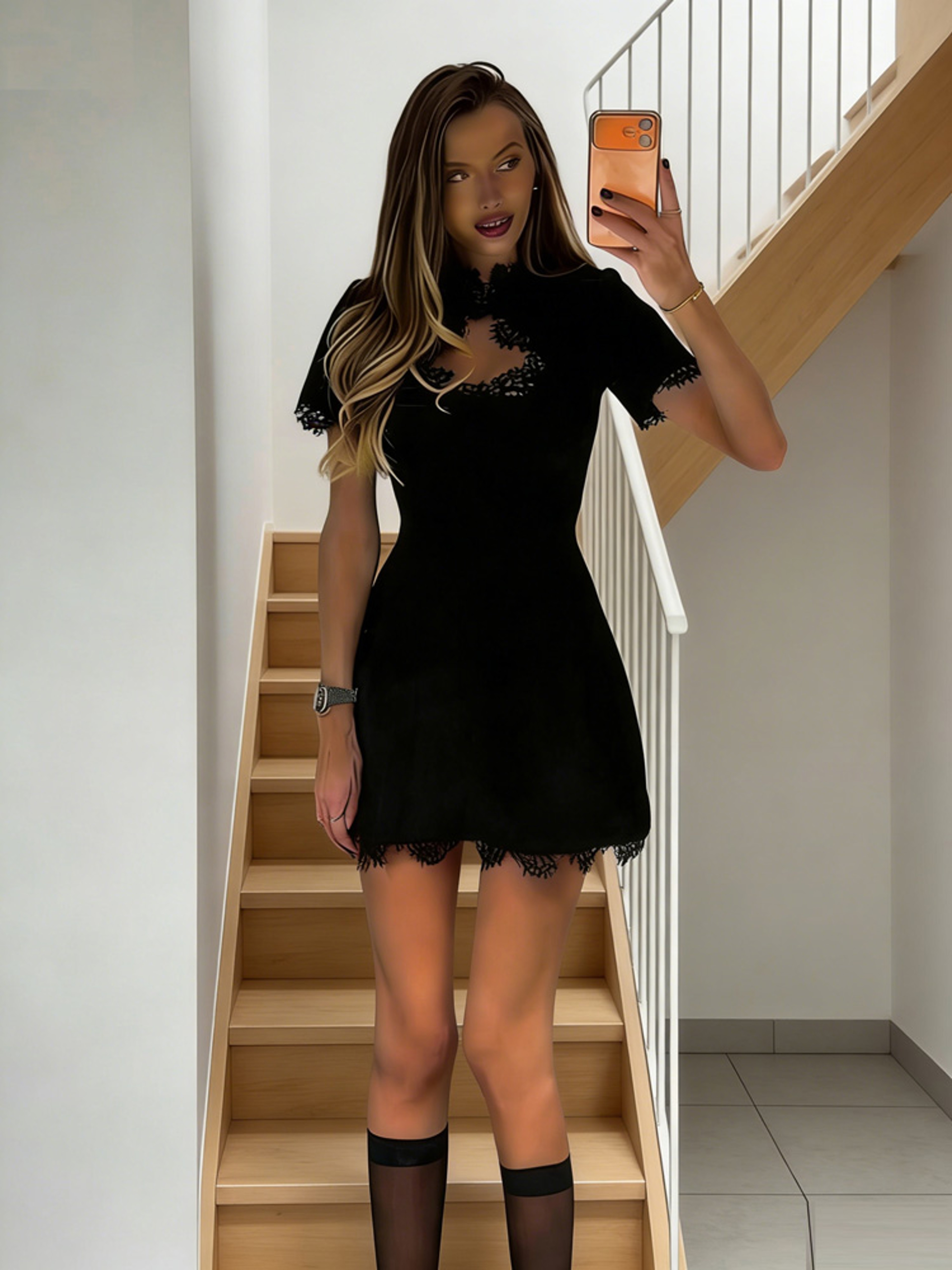 Black Lace Hollow Out Mini Dress, Tossy Patchwork Short Sleeve, Sexy High Waist Women's Casual Party Dress – view 1