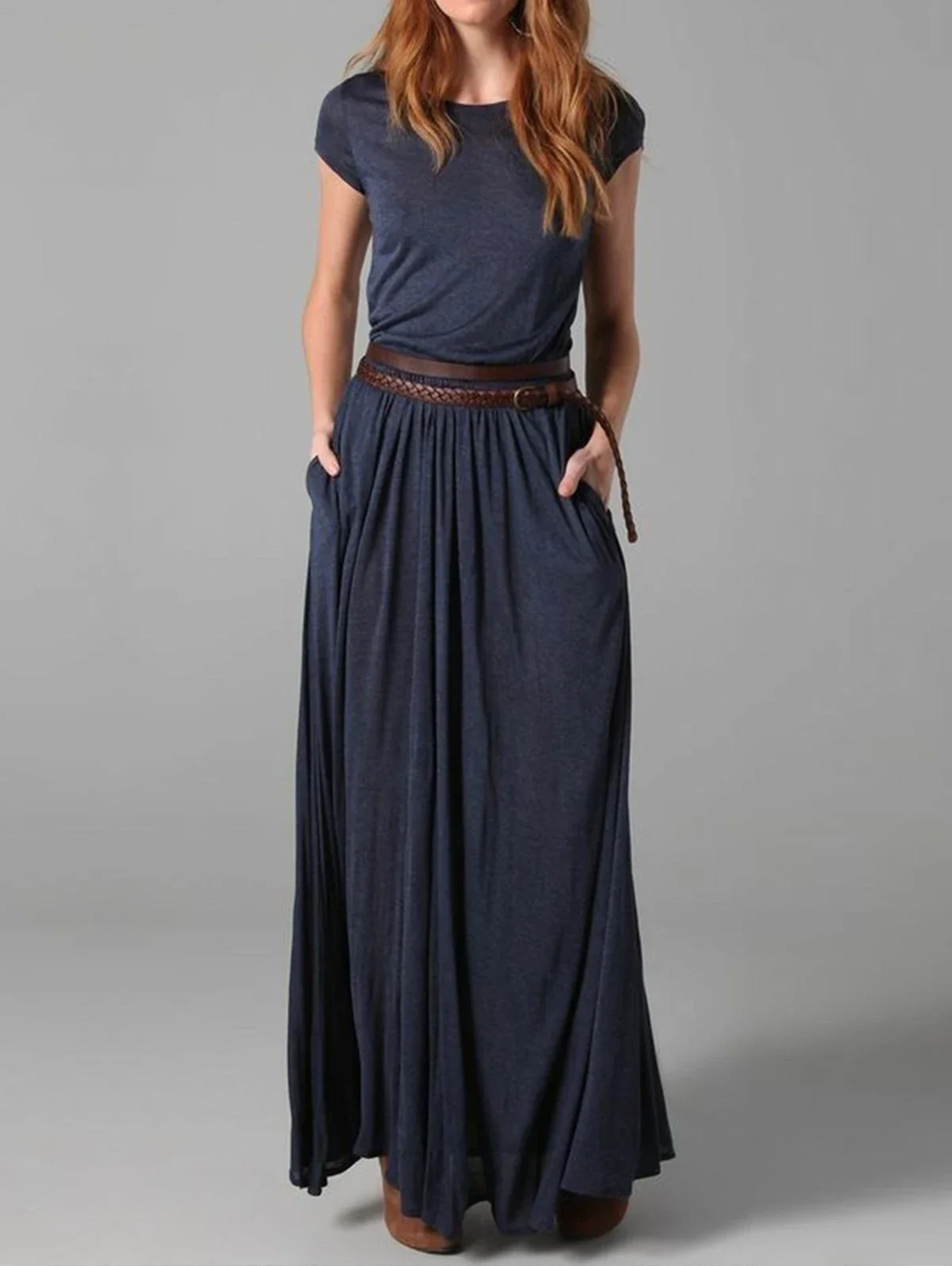 Short Sleeve Slim Retro Summer Female Dress, Vintage Black Round Neck, Pockets Ruched Pleated Long Casual Dress – view 4