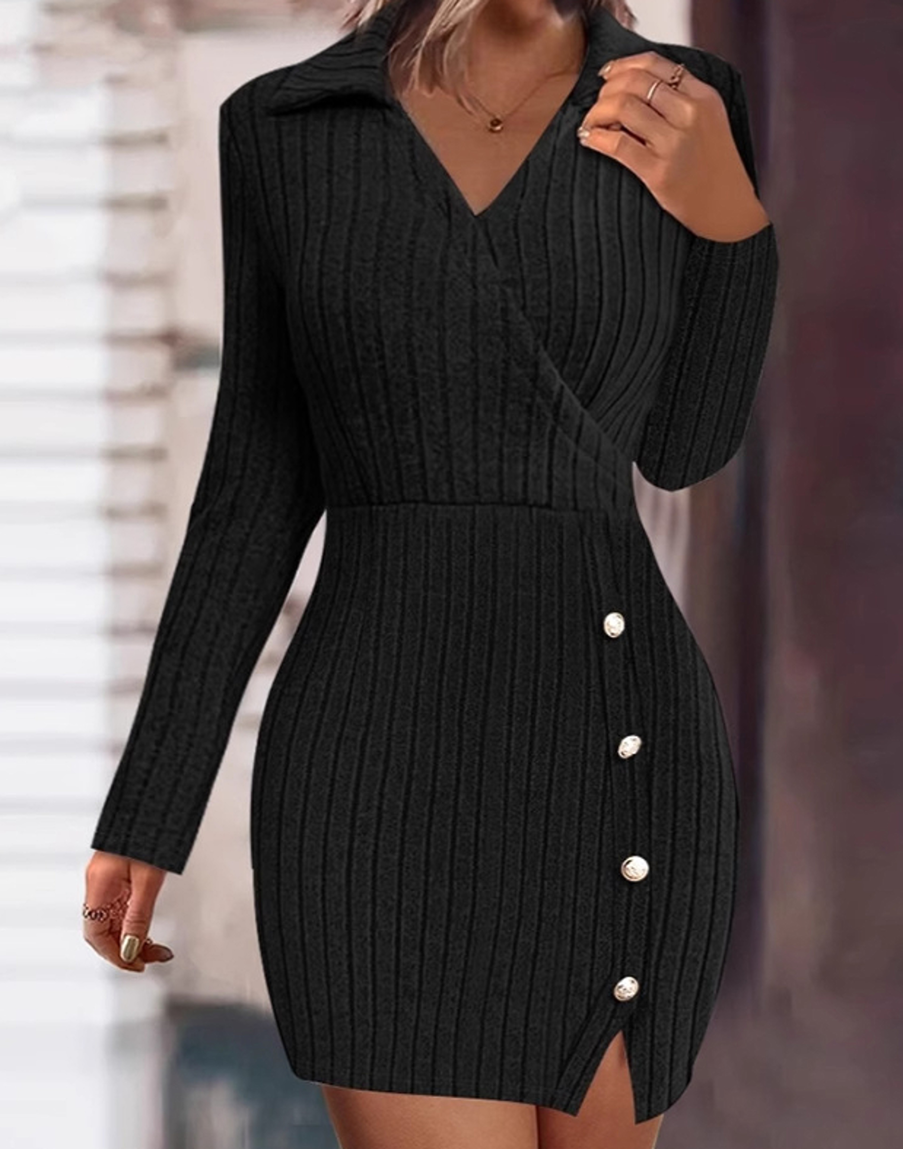 V-Neck Fitted Bodycon Long Sleeve Dress, New Autumn and Winter Solid Color Women Dress from Europe and America – view 4