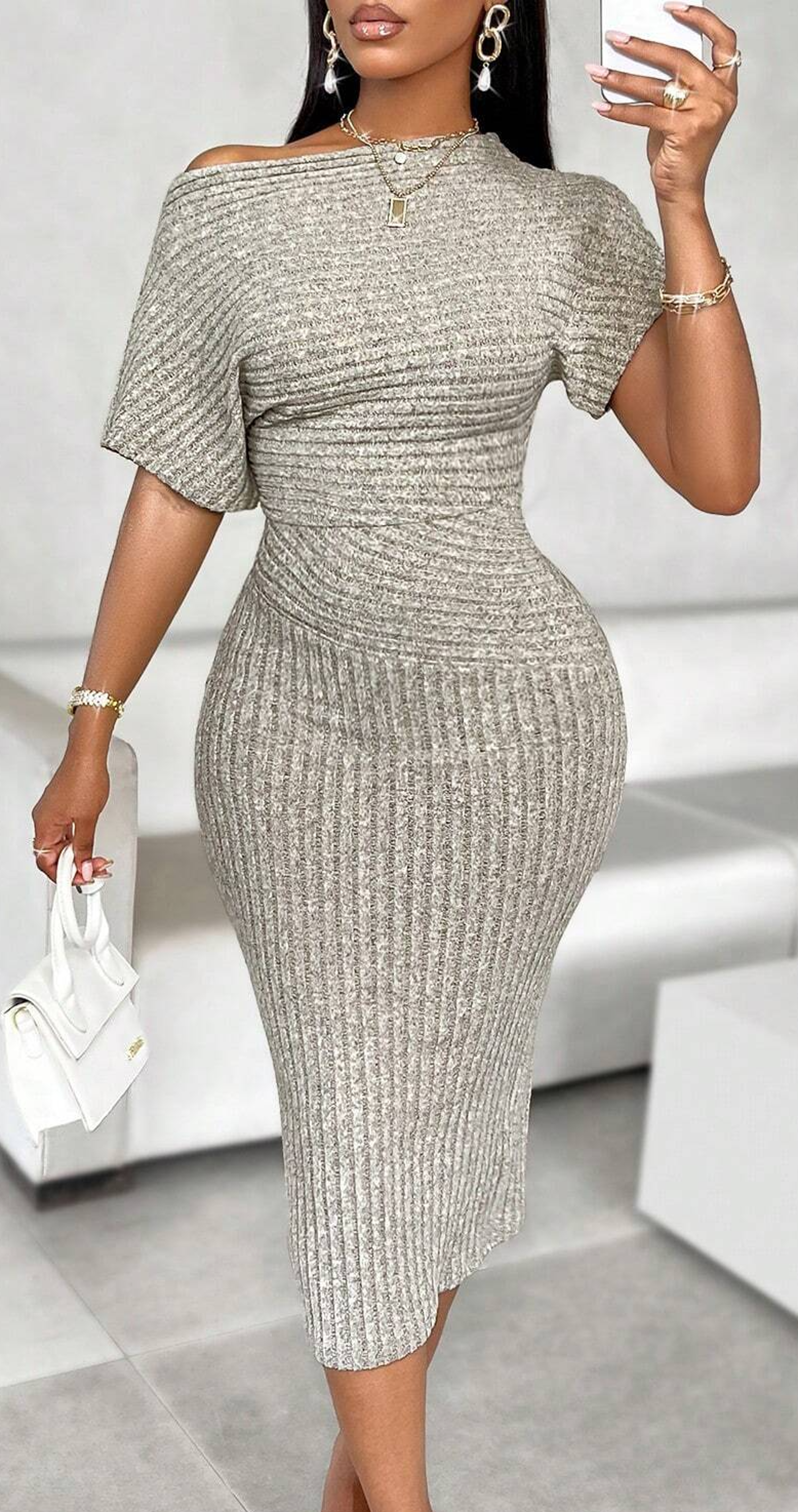 Asymmetric Shoulder Women's Fashion Textured Fabric Dress in Solid Color for Every Occasion – view 1