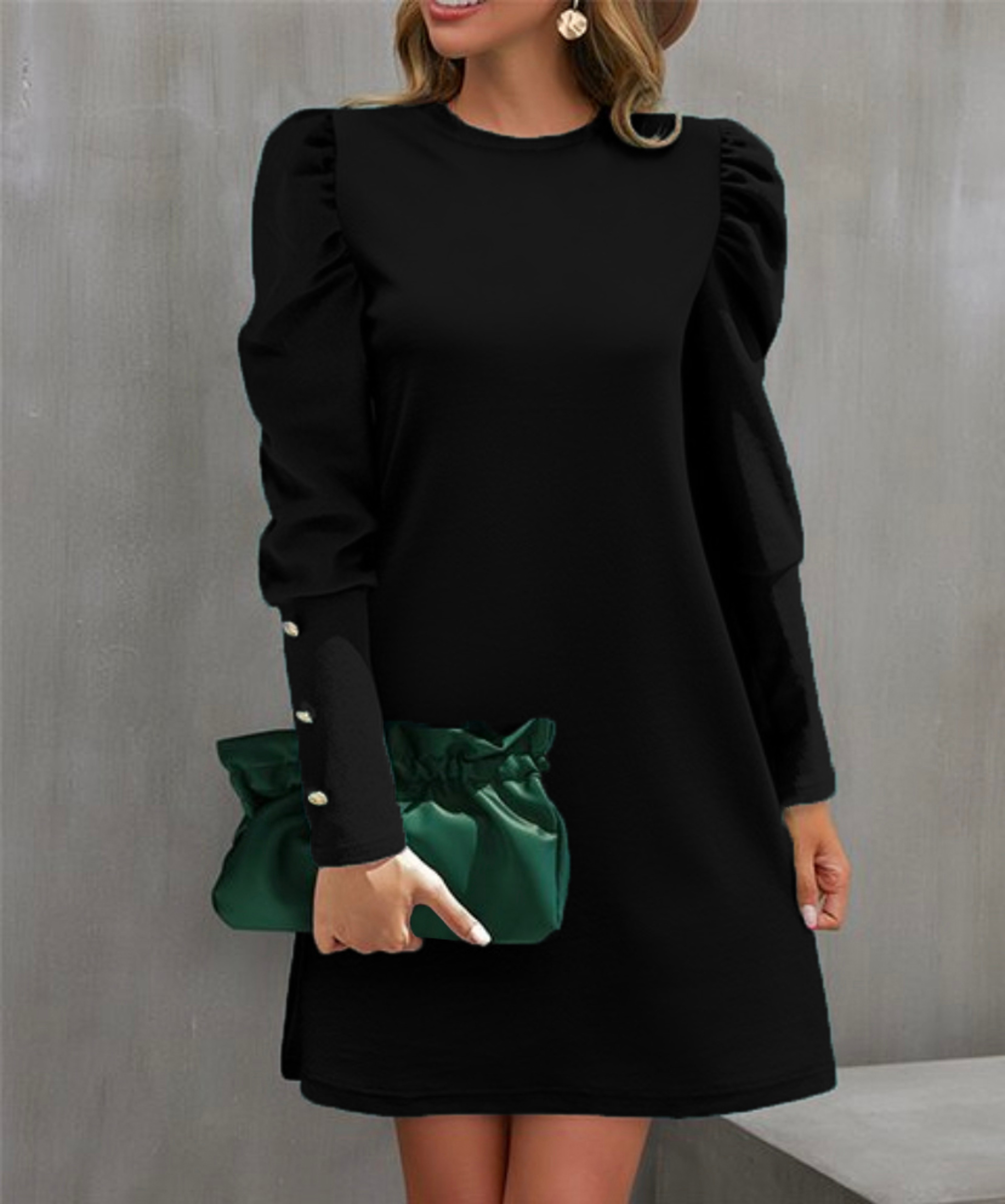 Women's Clothing Amazon, Pure Color Round Neck, Autumn and Winter New Puff Sleeve Button, European and American Cross-Bo – view 9