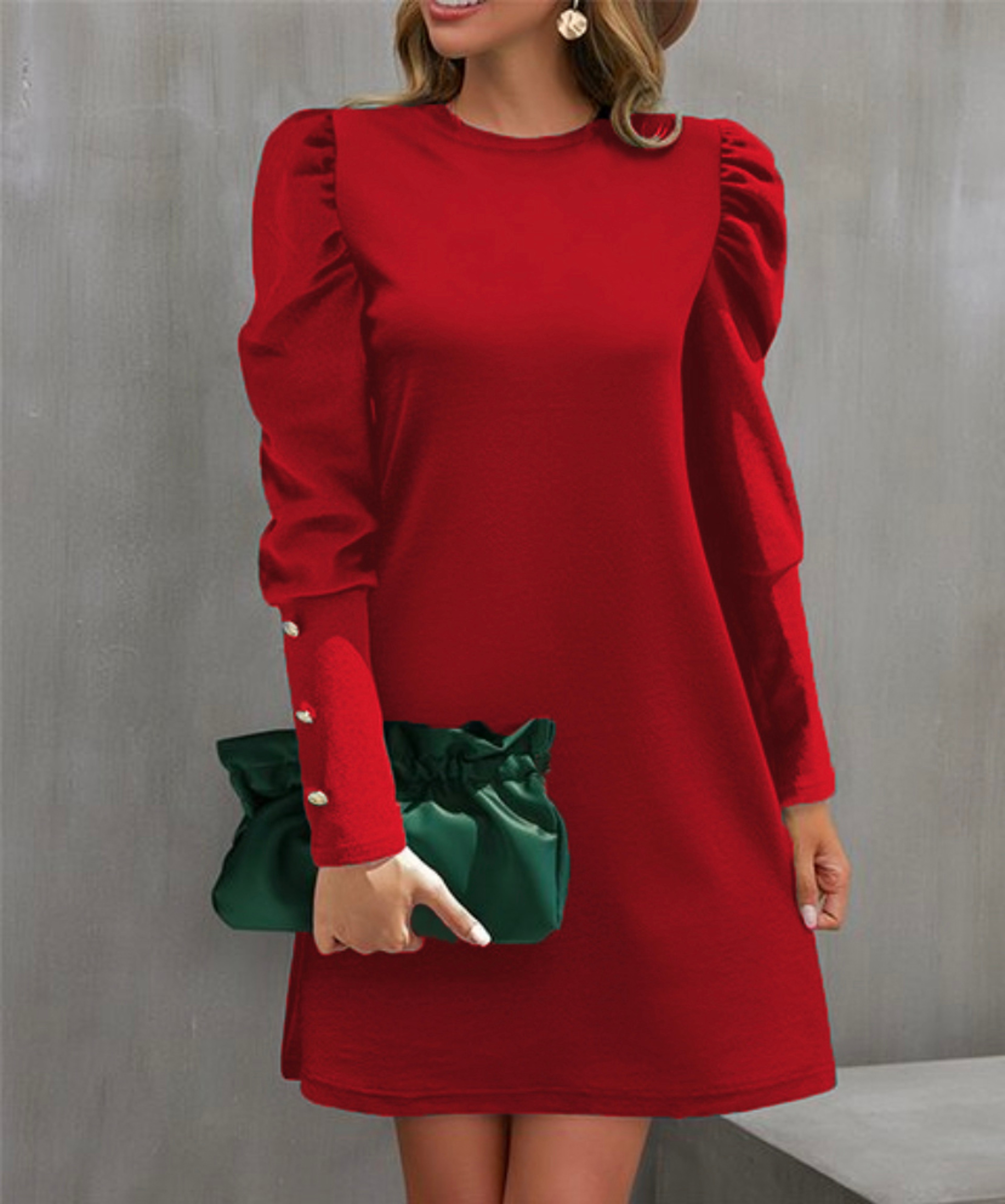 Women's Clothing Amazon, Pure Color Round Neck, Autumn and Winter New Puff Sleeve Button, European and American Cross-Bo – view 10