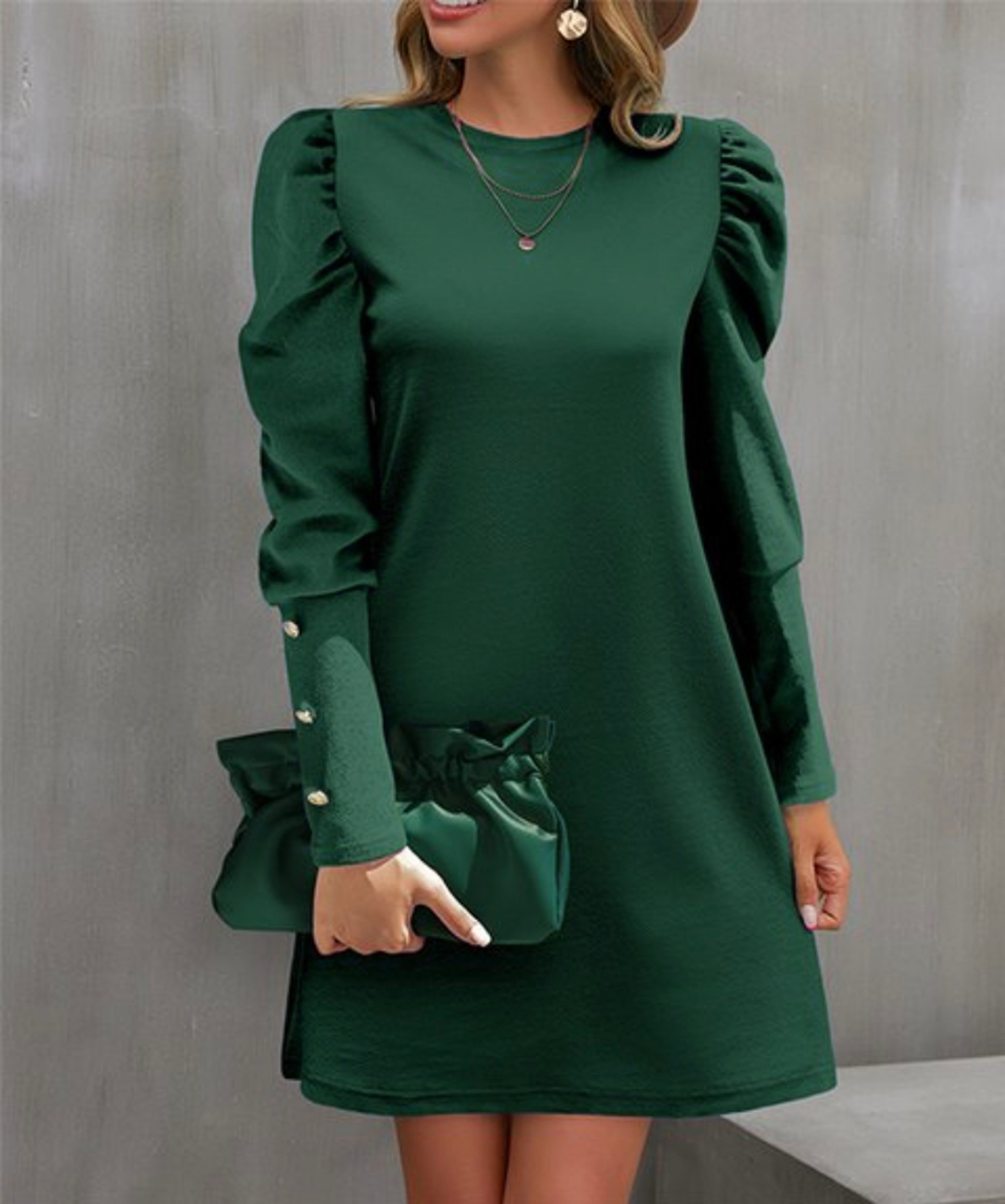Women's Clothing Amazon, Pure Color Round Neck, Autumn and Winter New Puff Sleeve Button, European and American Cross-Bo – view 14