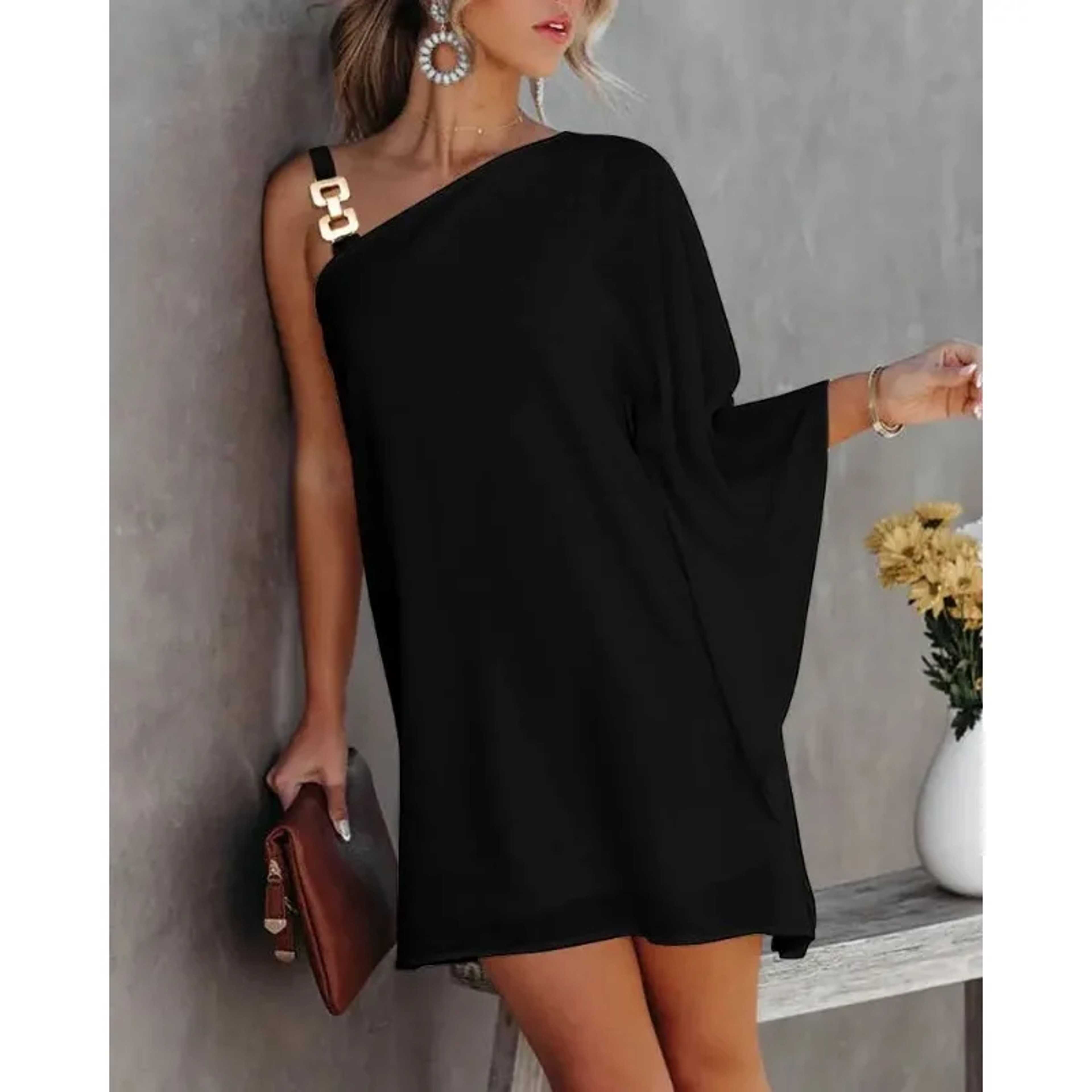 Summer Commuter Womens Dress One Line Diagonal Neck Off Shoulder Solid Color Printed Metal Strap Ba 6