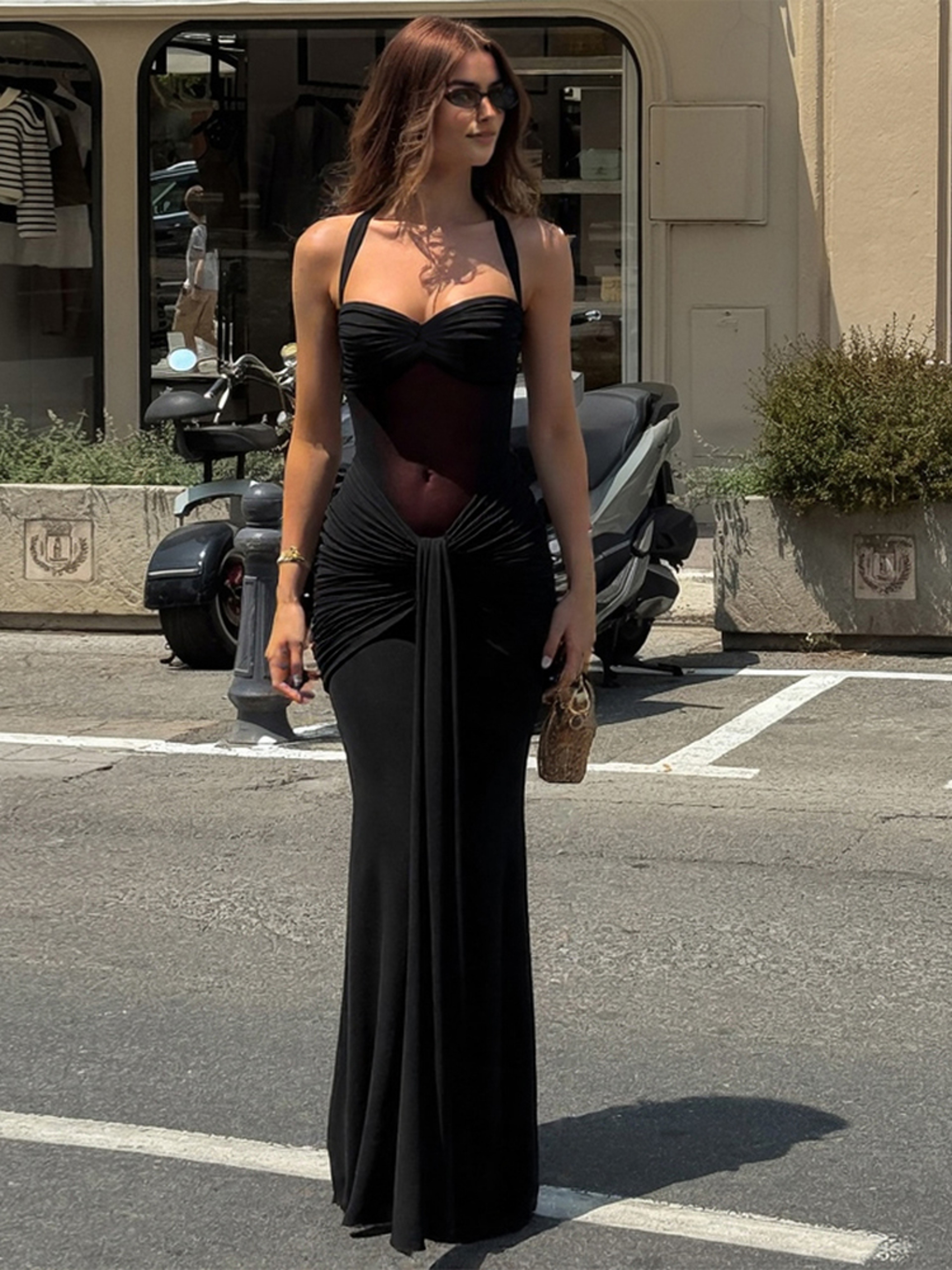 Nibber Halter Mesh Patchwork Dress Women, Summer Trend Off Shoulder, Backless Ruched Ribbon, Midnight Prom Party Hipster – view 5
