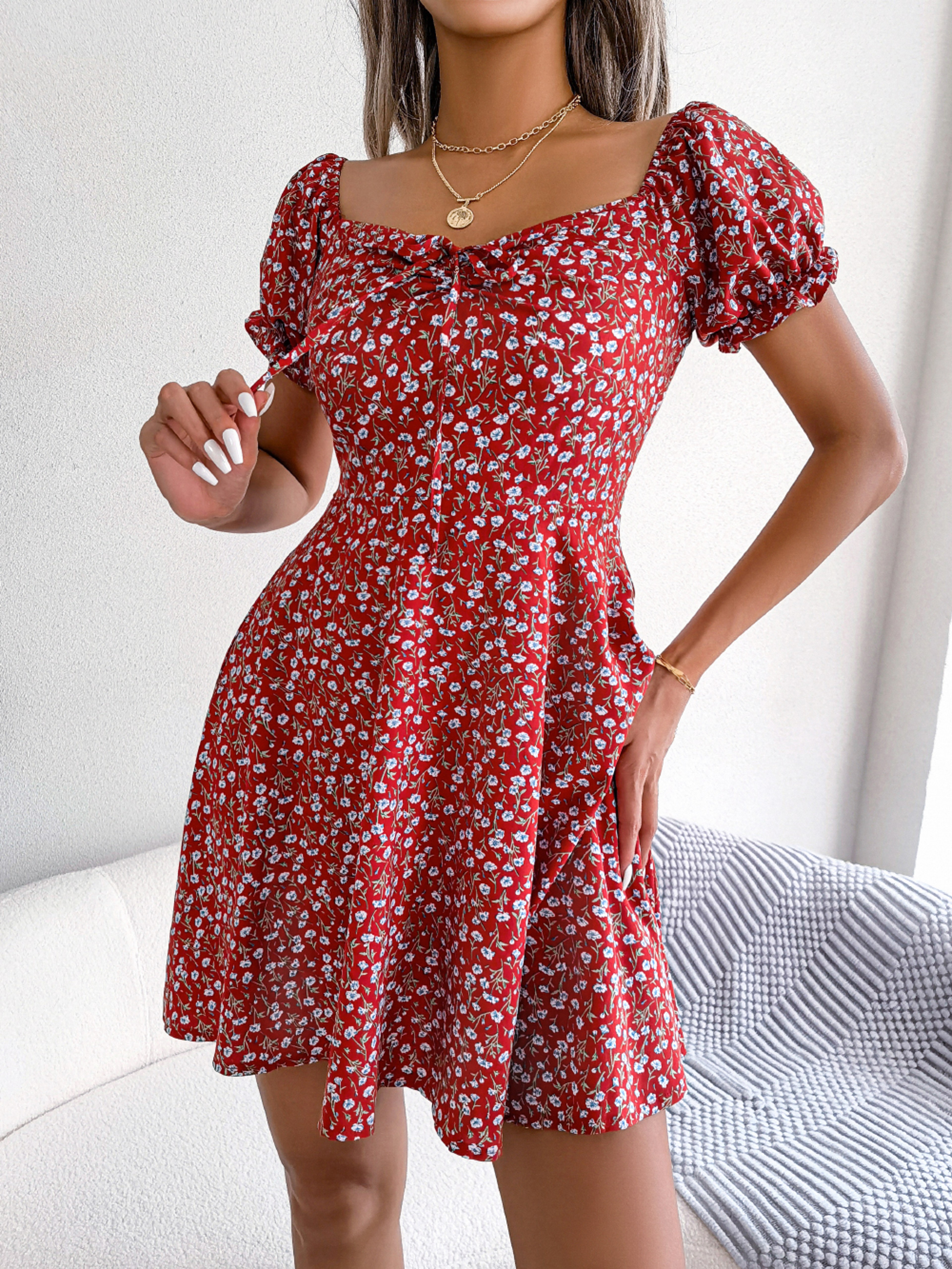 Women Casual Square Neck Flare Short Sleeve Floral Dress, Elegant A-Line Spring Summer Dress for Fashionable Women – view 6