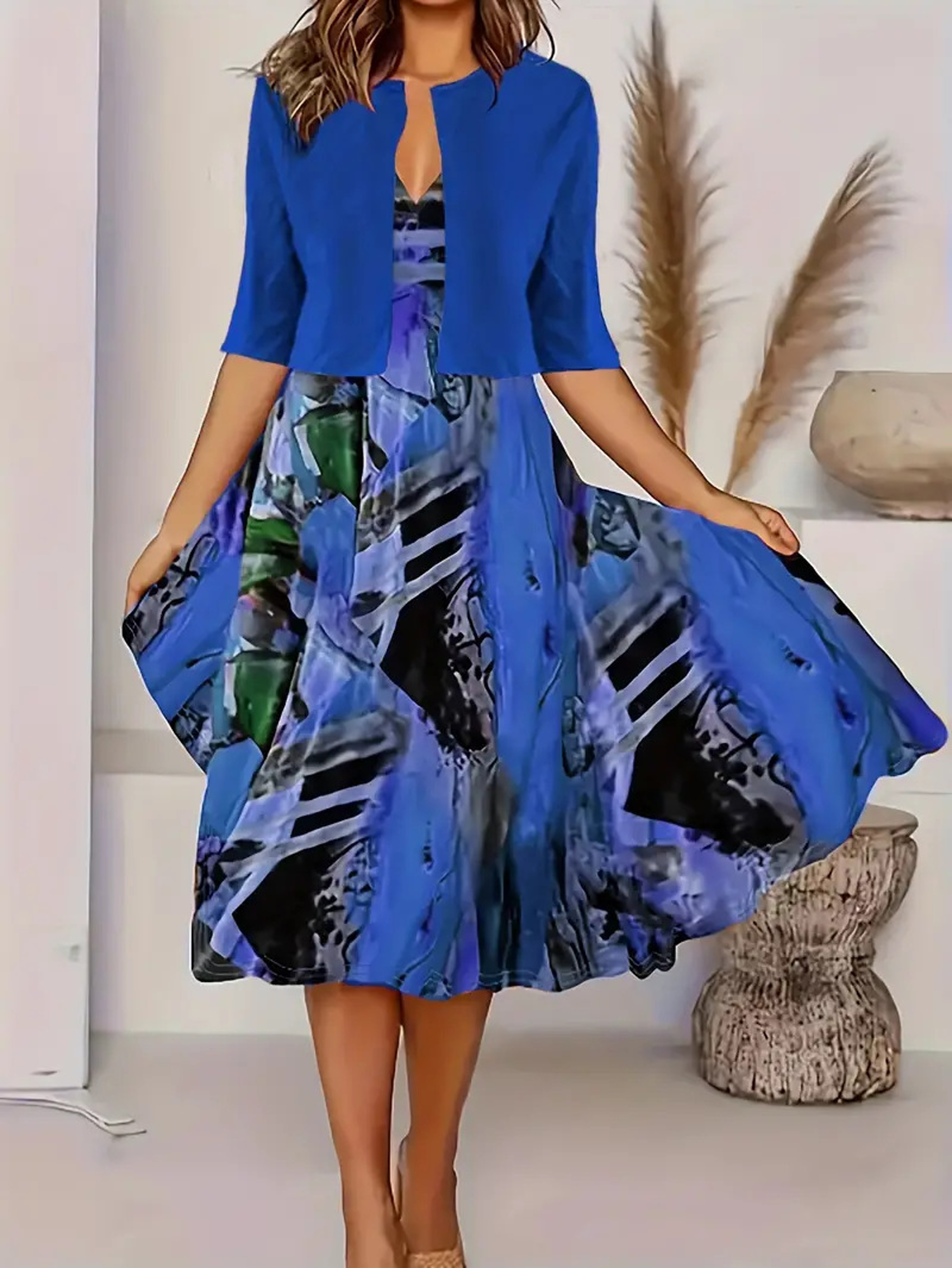 Autumn New Womens Long Dress TwoPiece Set Floral Print Round Neck Dress Coat For Women 1