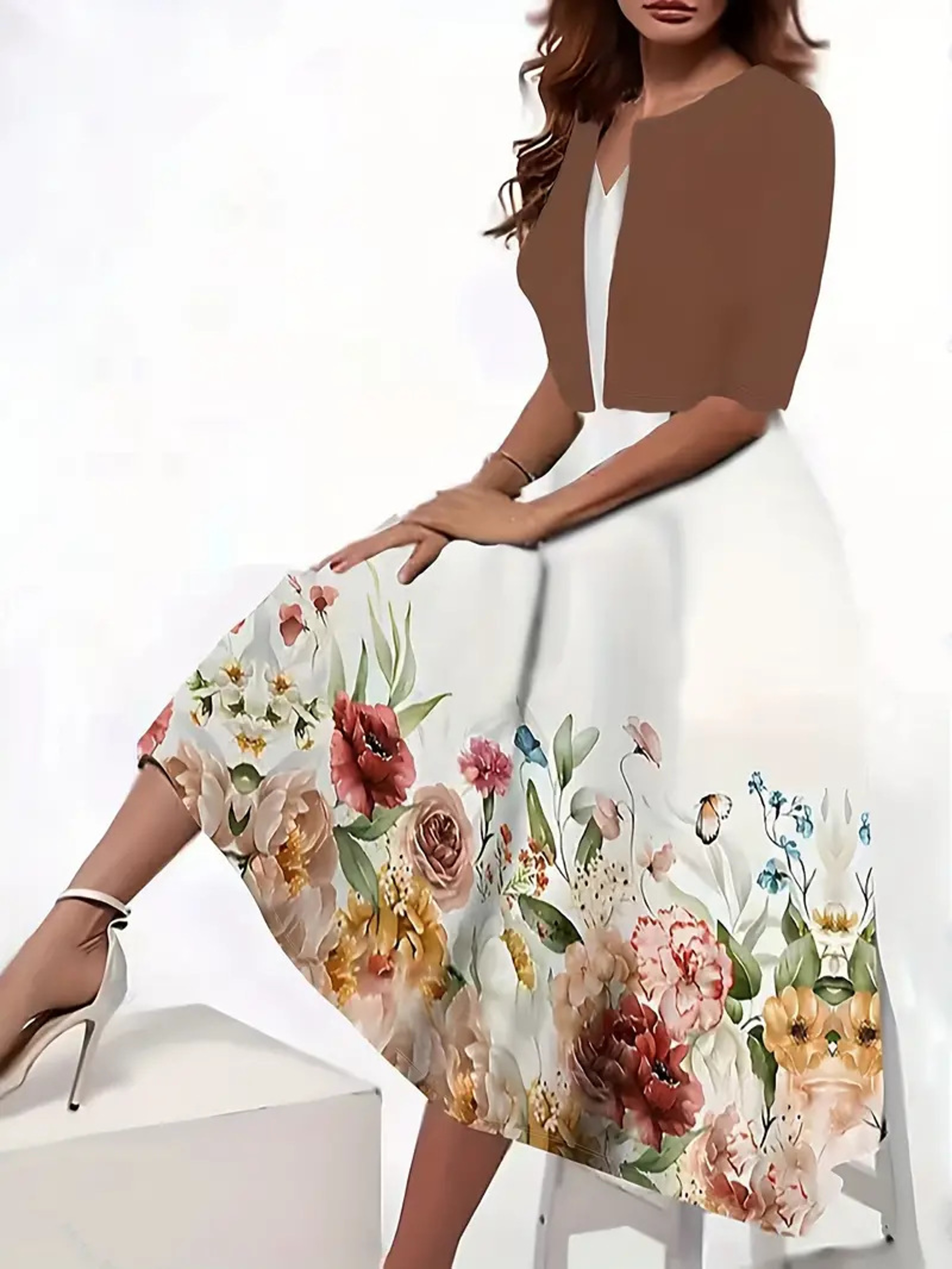 Autumn New Womens Long Dress TwoPiece Set Floral Print Round Neck Dress Coat For Women 2