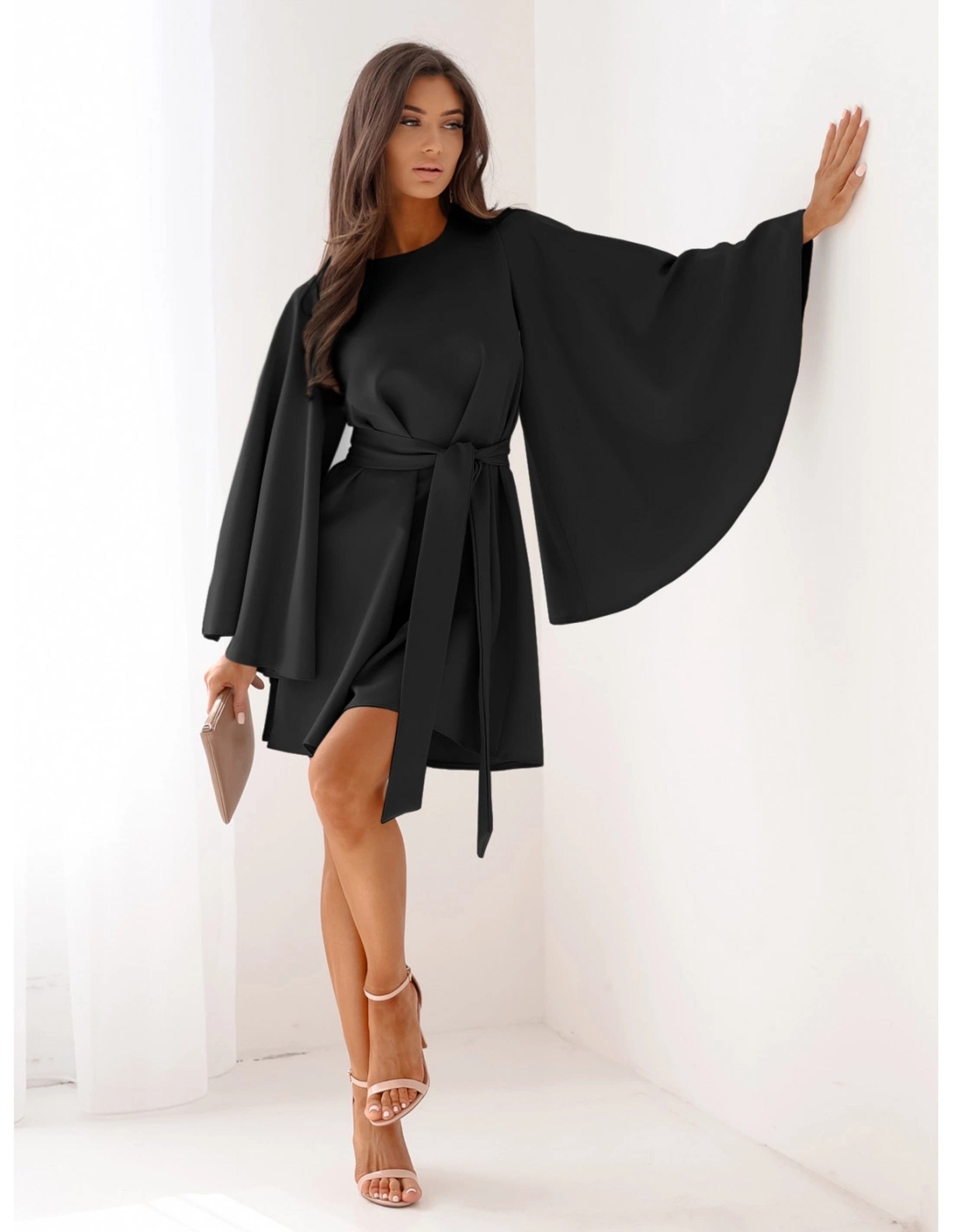 Womens Mini Dress, Empire Waist Dress, Elegant Flare Cuff Sleeve, Fall Dress, Long Sleeve Crew Neck, Regular Fit, Pure – view 7