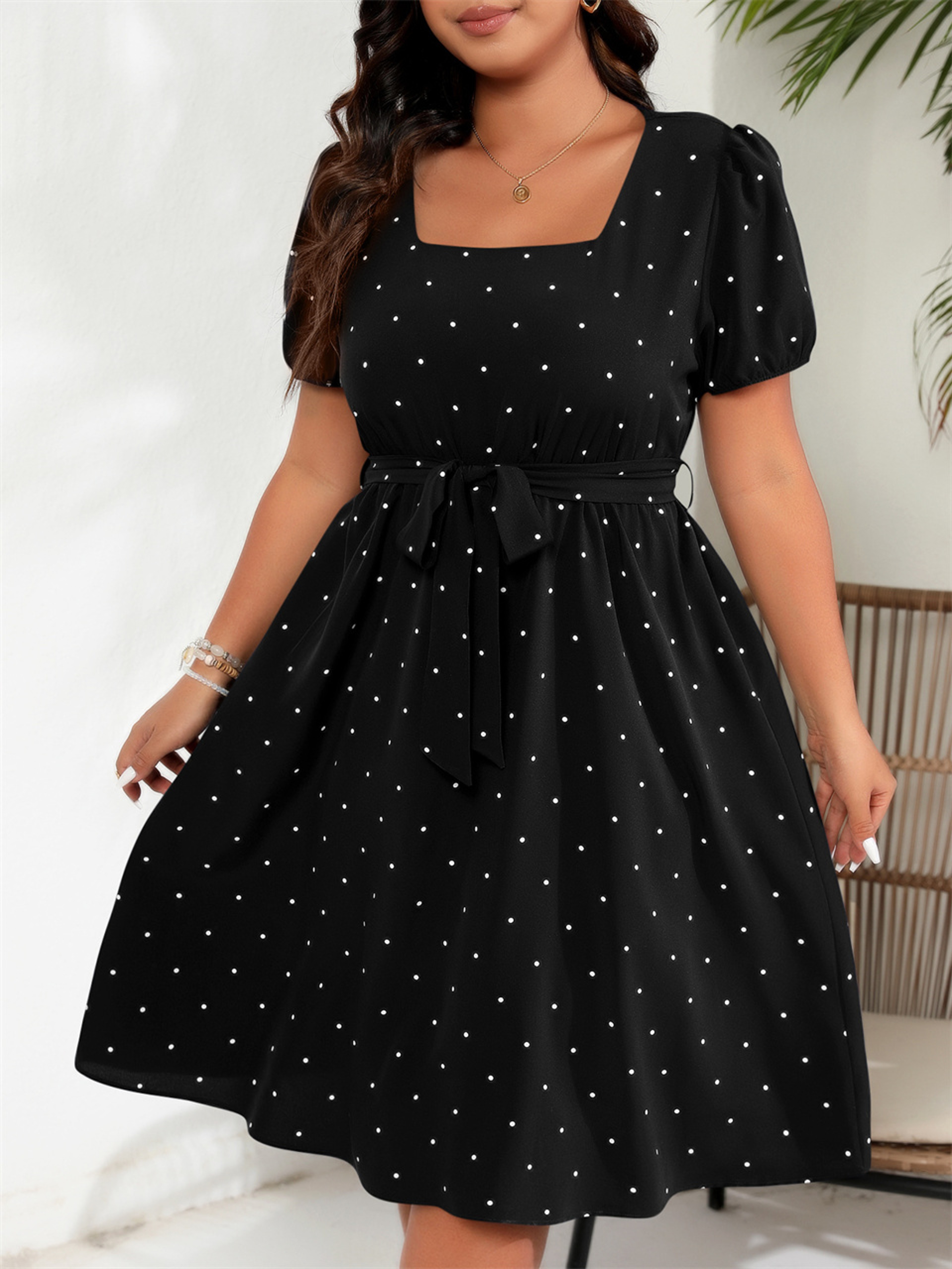 Square Neck Polka Dot Belted Dress, Women's Elegant Retro Puff Sleeve, High Waist Summer A-line Big Swing Dresses – view 10