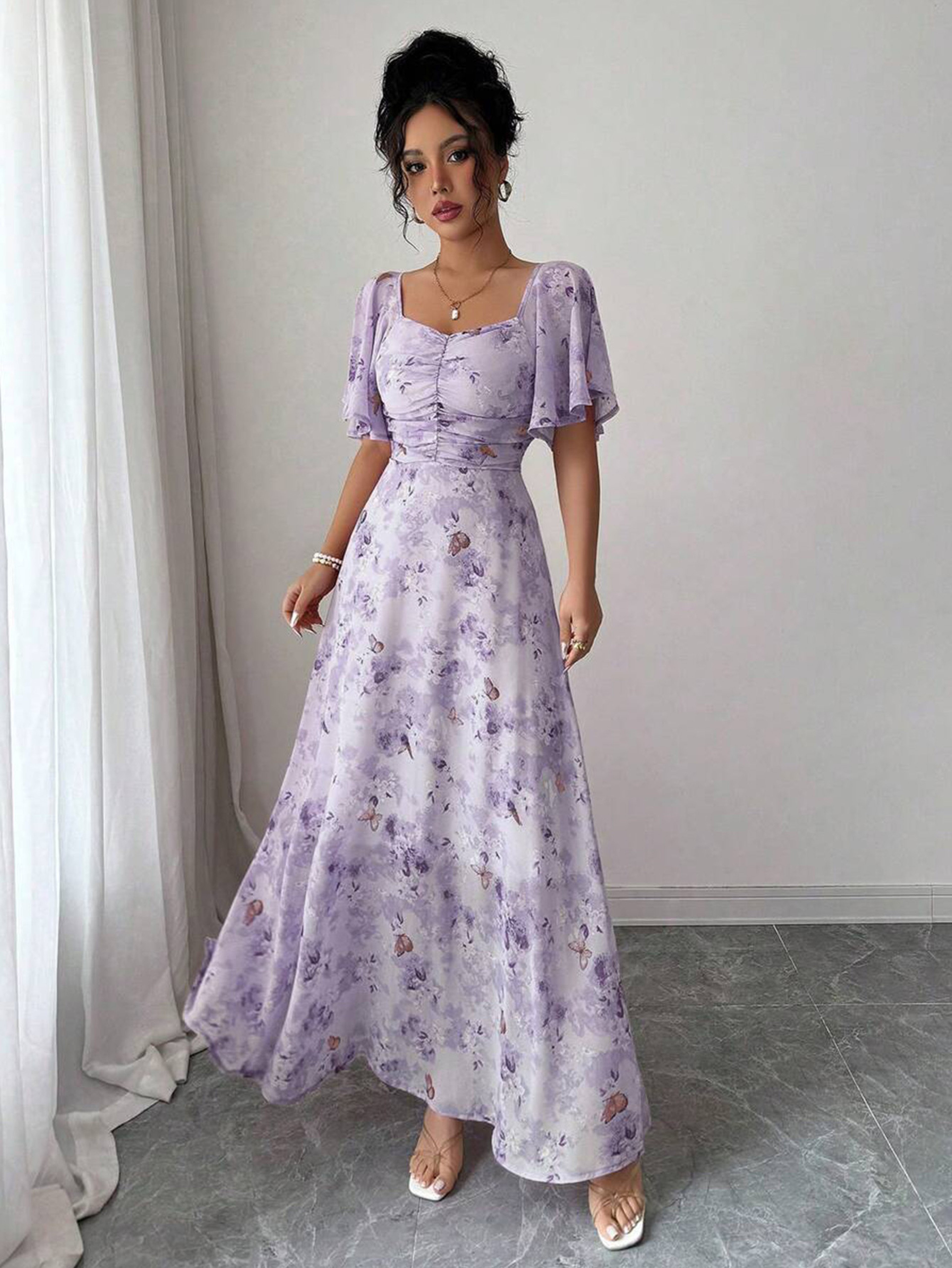 Womens Sweet French Style Mini Dress, Purple Butterfly Print, Batwing Sleeves Back Zipper Elegant Chic – view 3