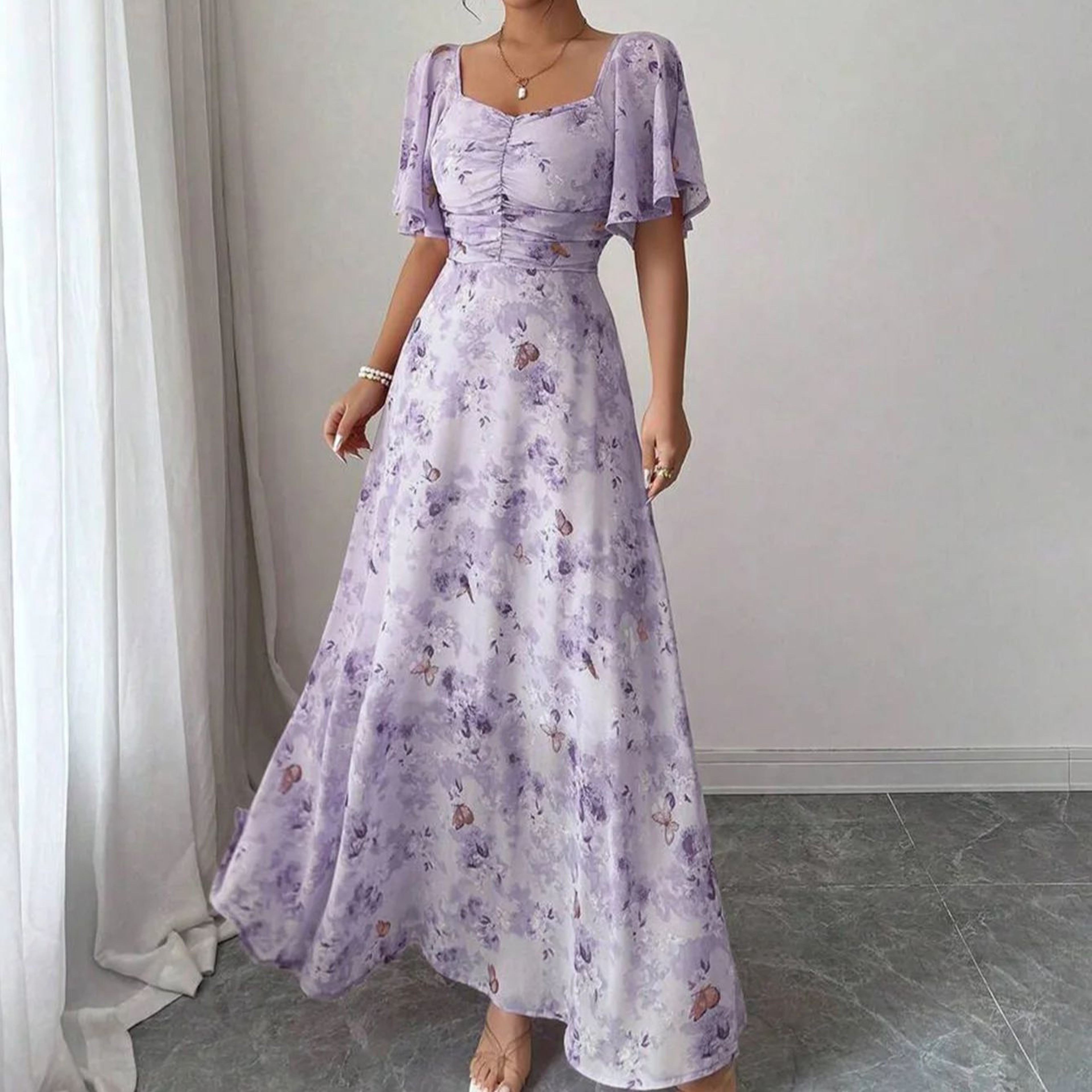 Womens Sweet French Style Mini Dress, Purple Butterfly Print, Batwing Sleeves Back Zipper Elegant Chic – view 6