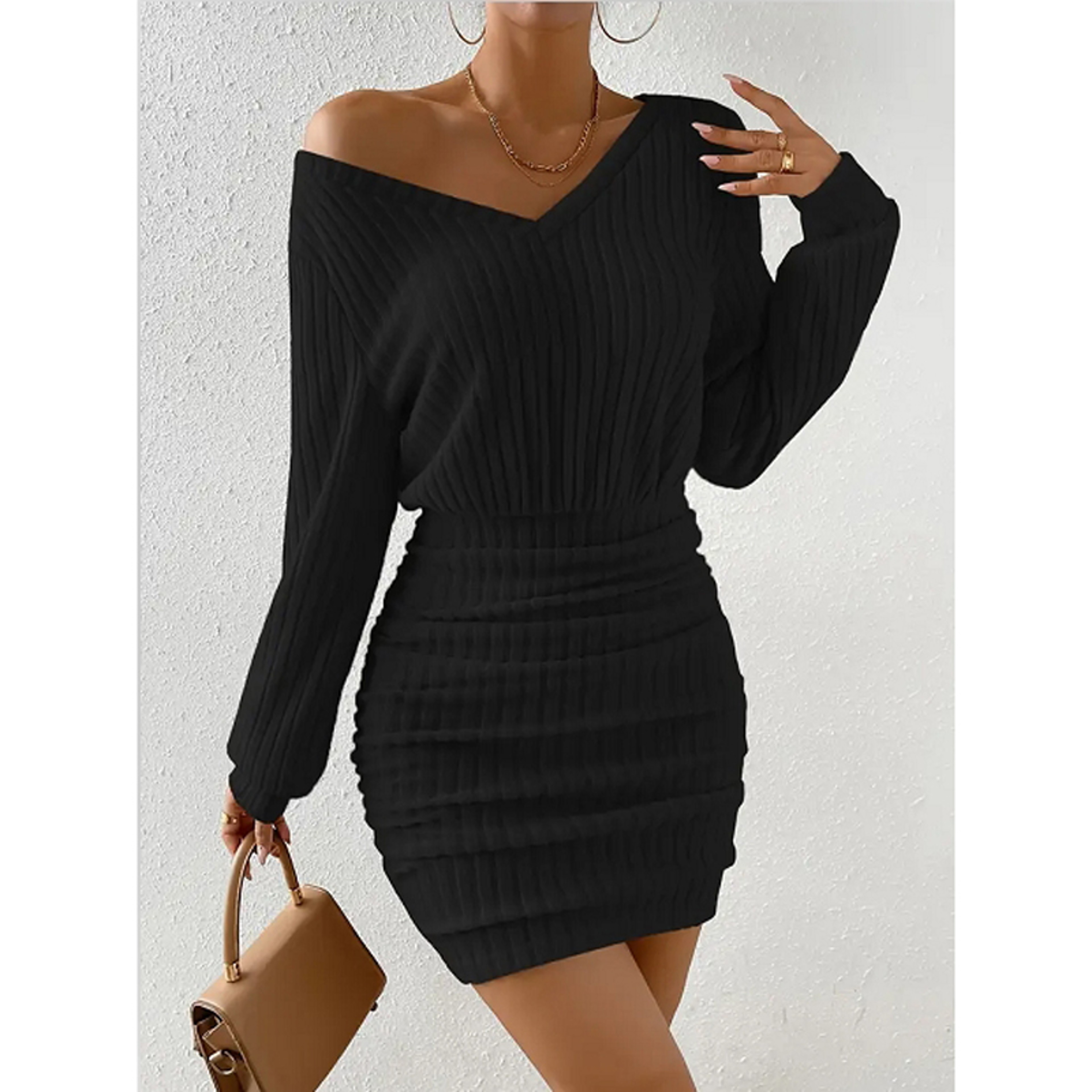 Women's Knit Wrap V-Neck Mini Sweater Dress with Long Sleeves – view 3