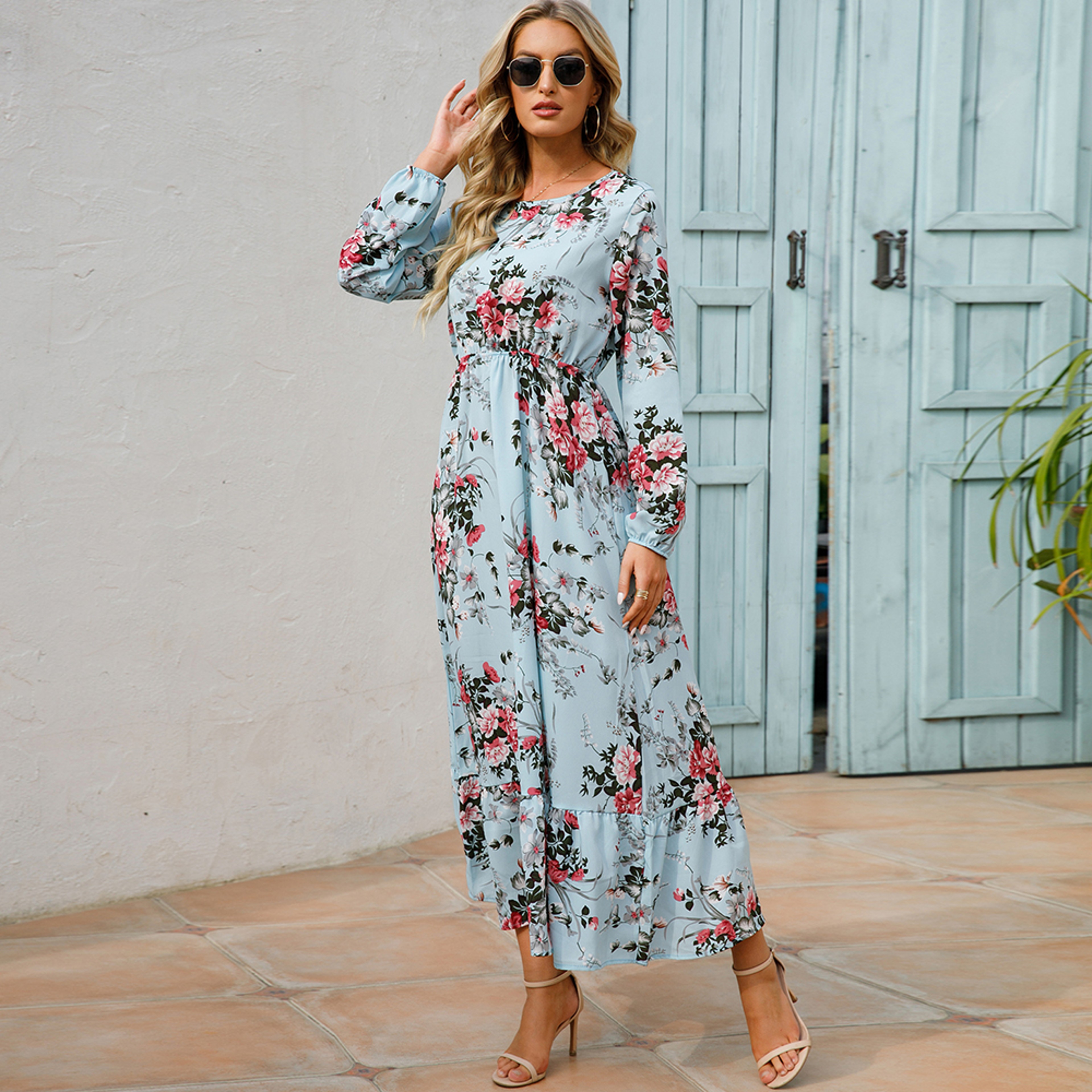 Women Maxi Dresses Bohemian Casual, Full Sleeve High Waist Beach Woman Chiffon Floral Long Dress – view 3