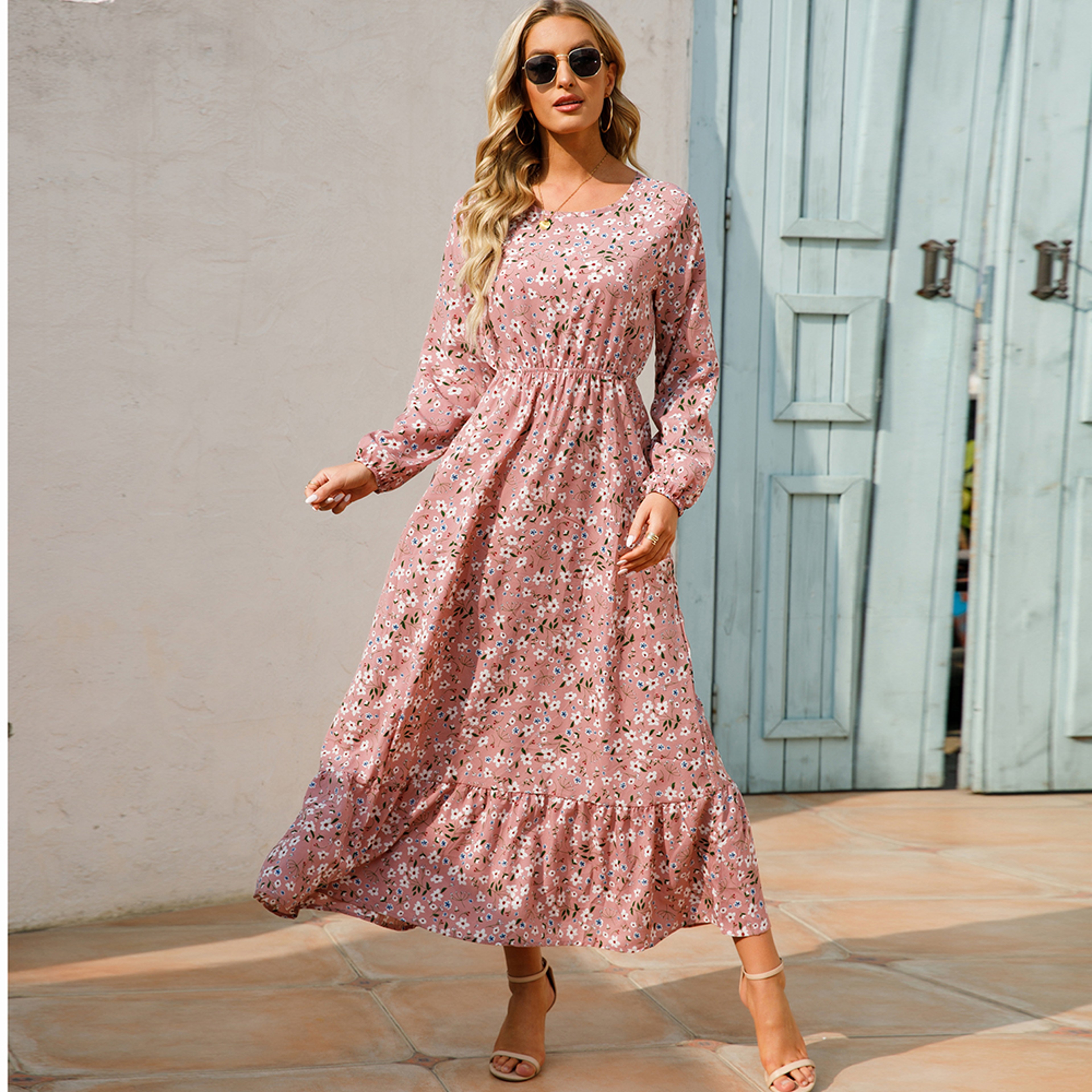 Women Maxi Dresses Bohemian Casual, Full Sleeve High Waist Beach Woman Chiffon Floral Long Dress – view 10