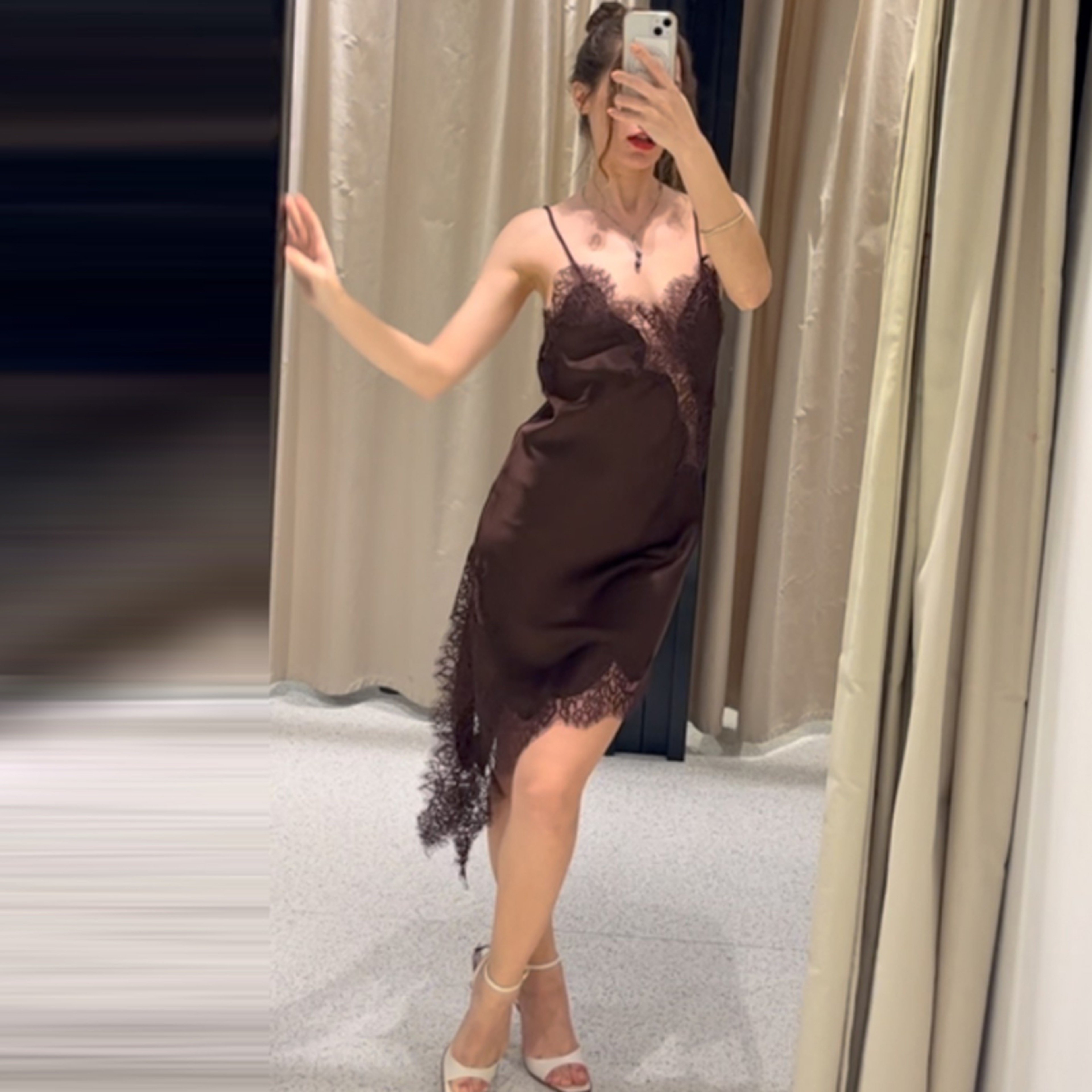 Slip Dress Summer Evening Womens Dresses Lace Asymmetric Mini Brown Sleeveless Backless 2