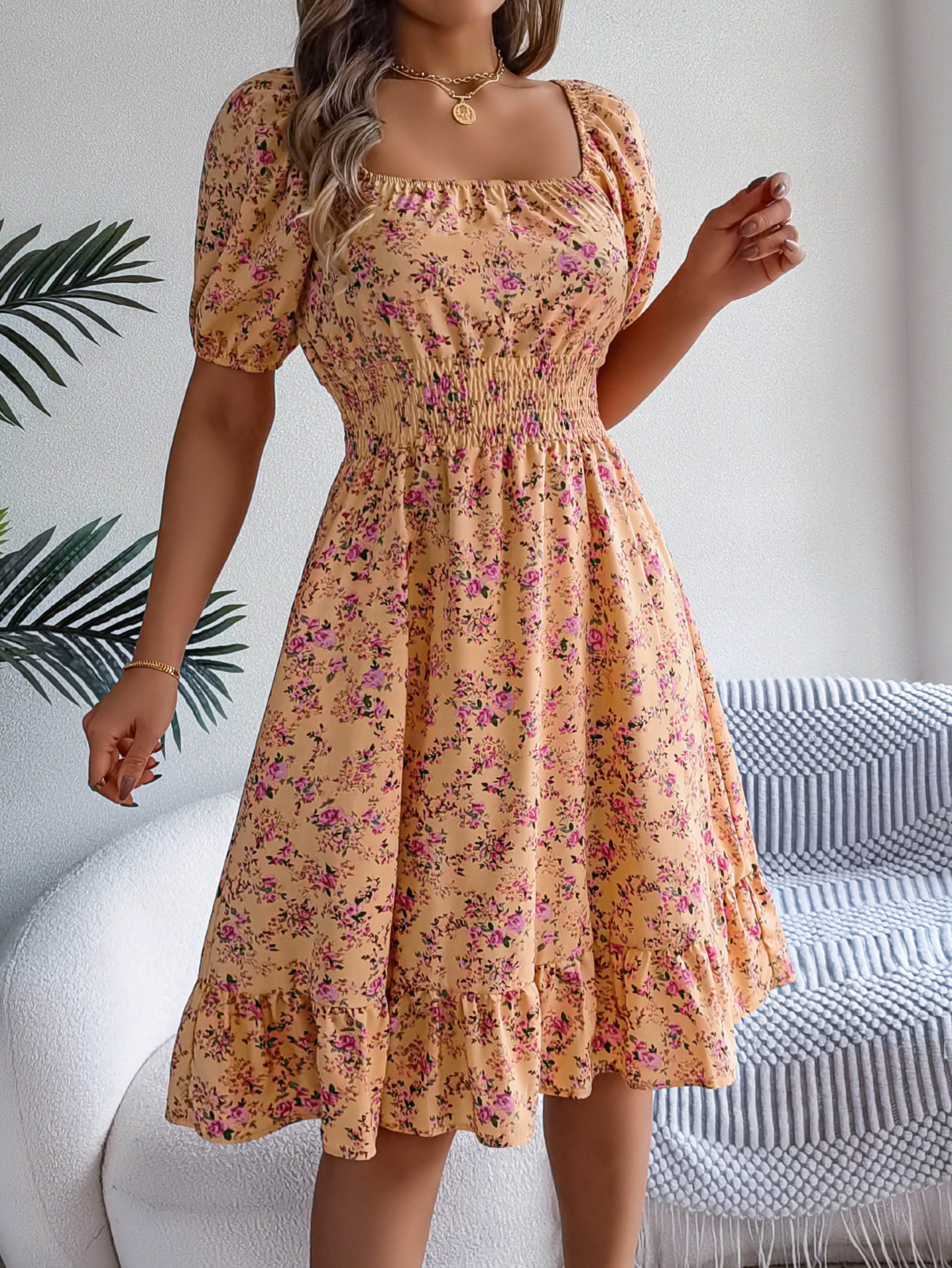 Floral Print Short Sleeved Square Neck Dress, Spring and Summer Elegant Women's Ruffled Edge Dress – view 9