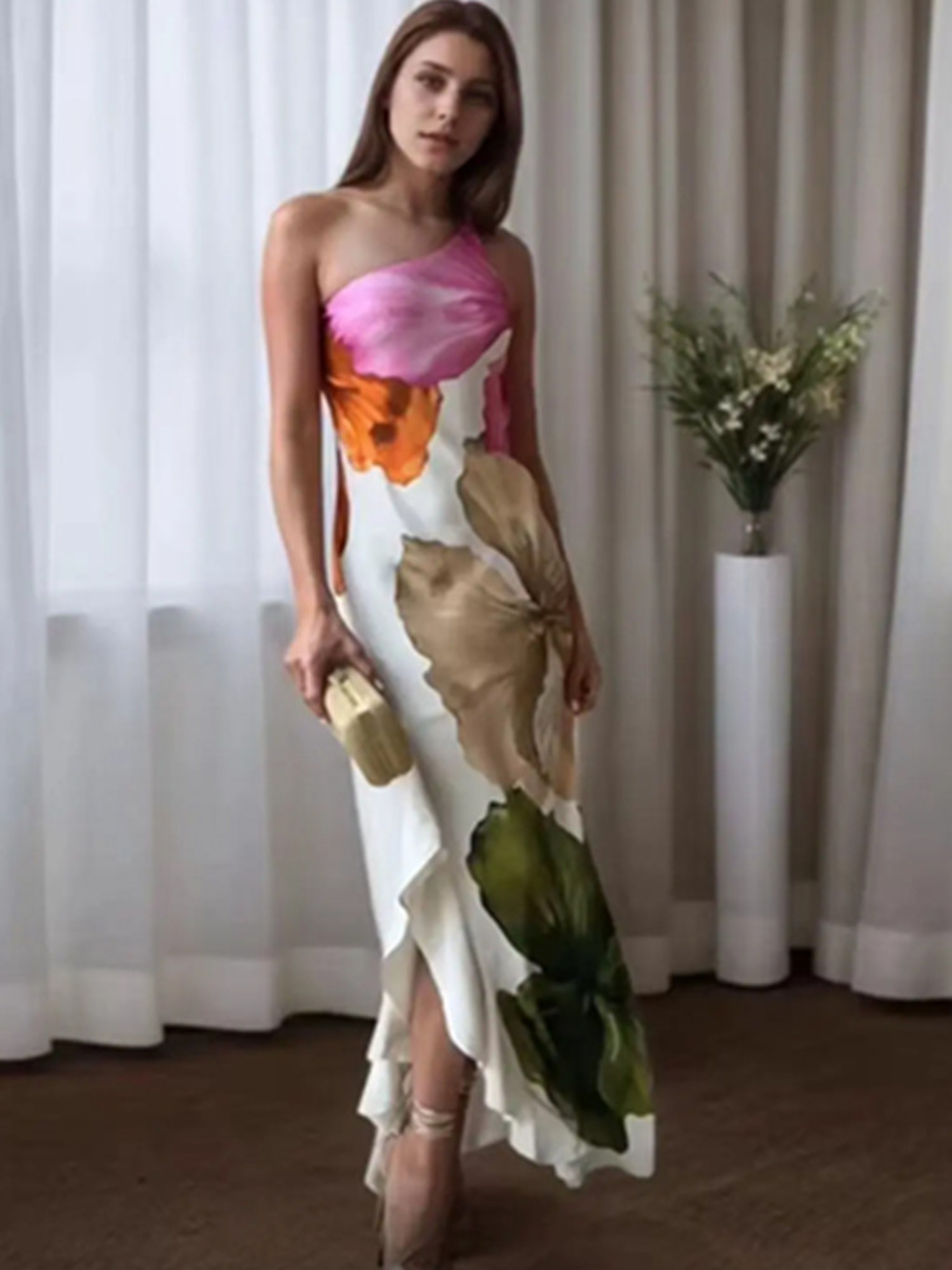 Floral Print Slim Long Dress Female Chic, Single Shoulder Backless Party Dress with Side Zipper – view 1