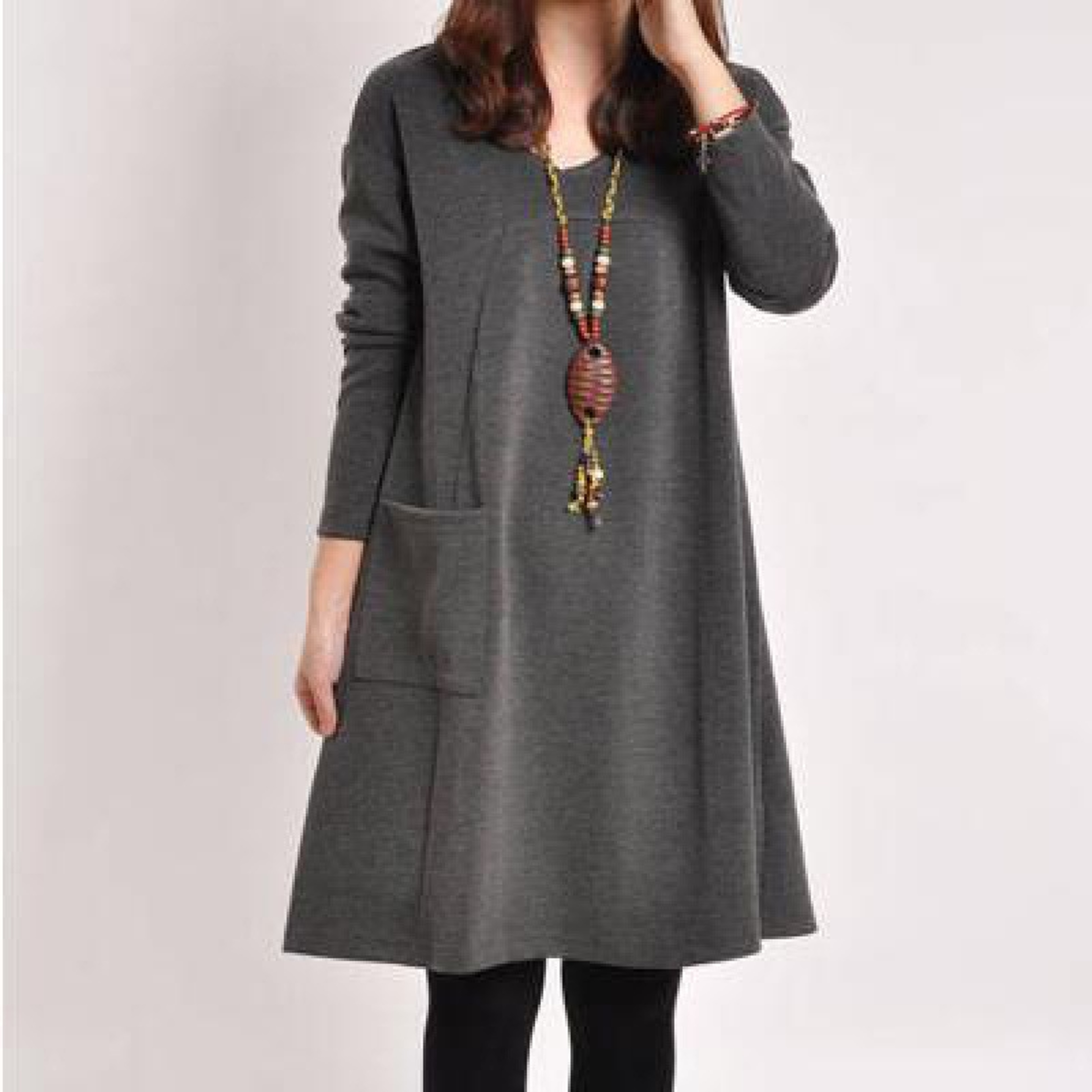 Plus Size Womens Warm Casual V Neck Loose Leggings Dress Solid Color Comfort Fit – view 1