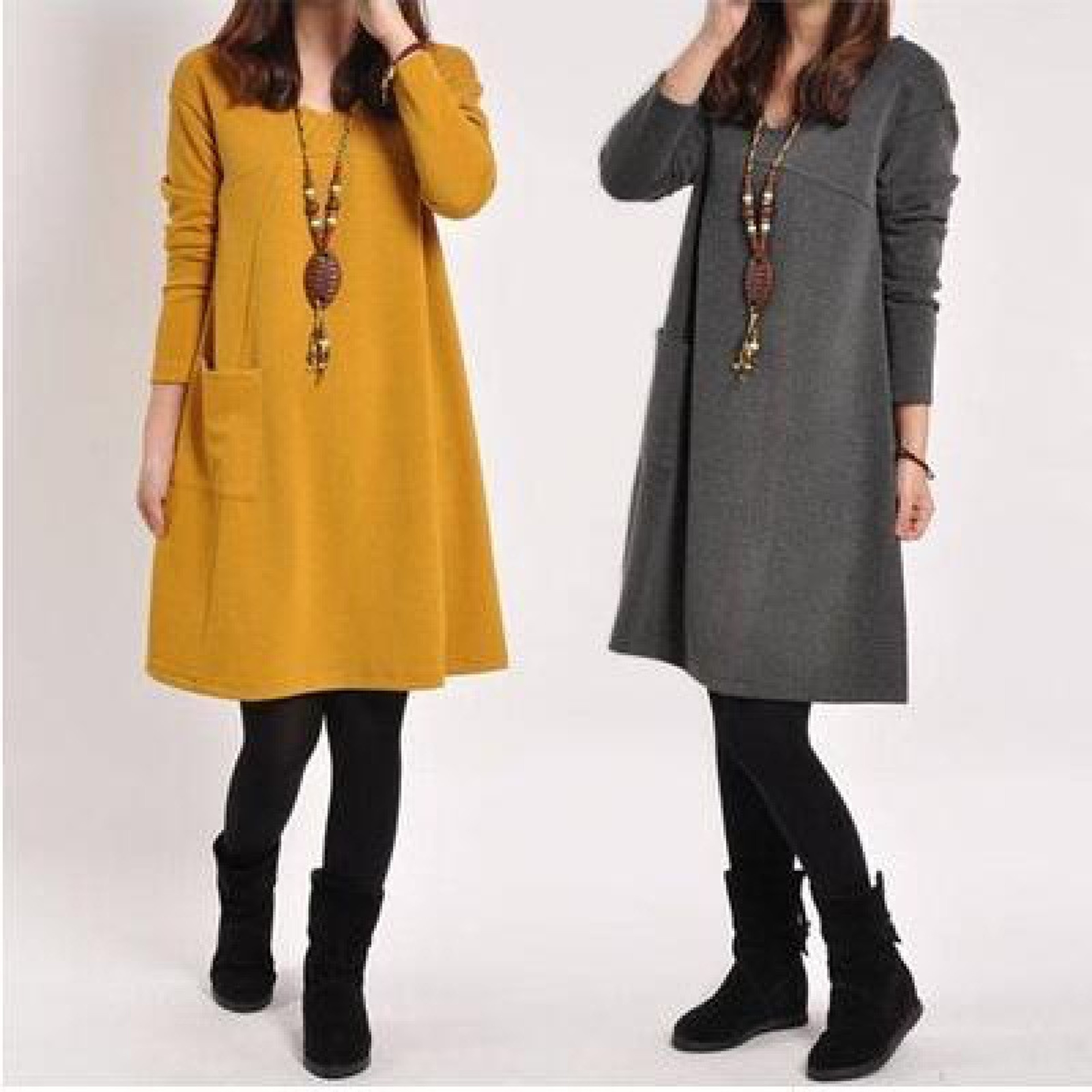 Plus Size Womens Warm Casual V Neck Loose Leggings Dress Solid Color Comfort Fit – view 3