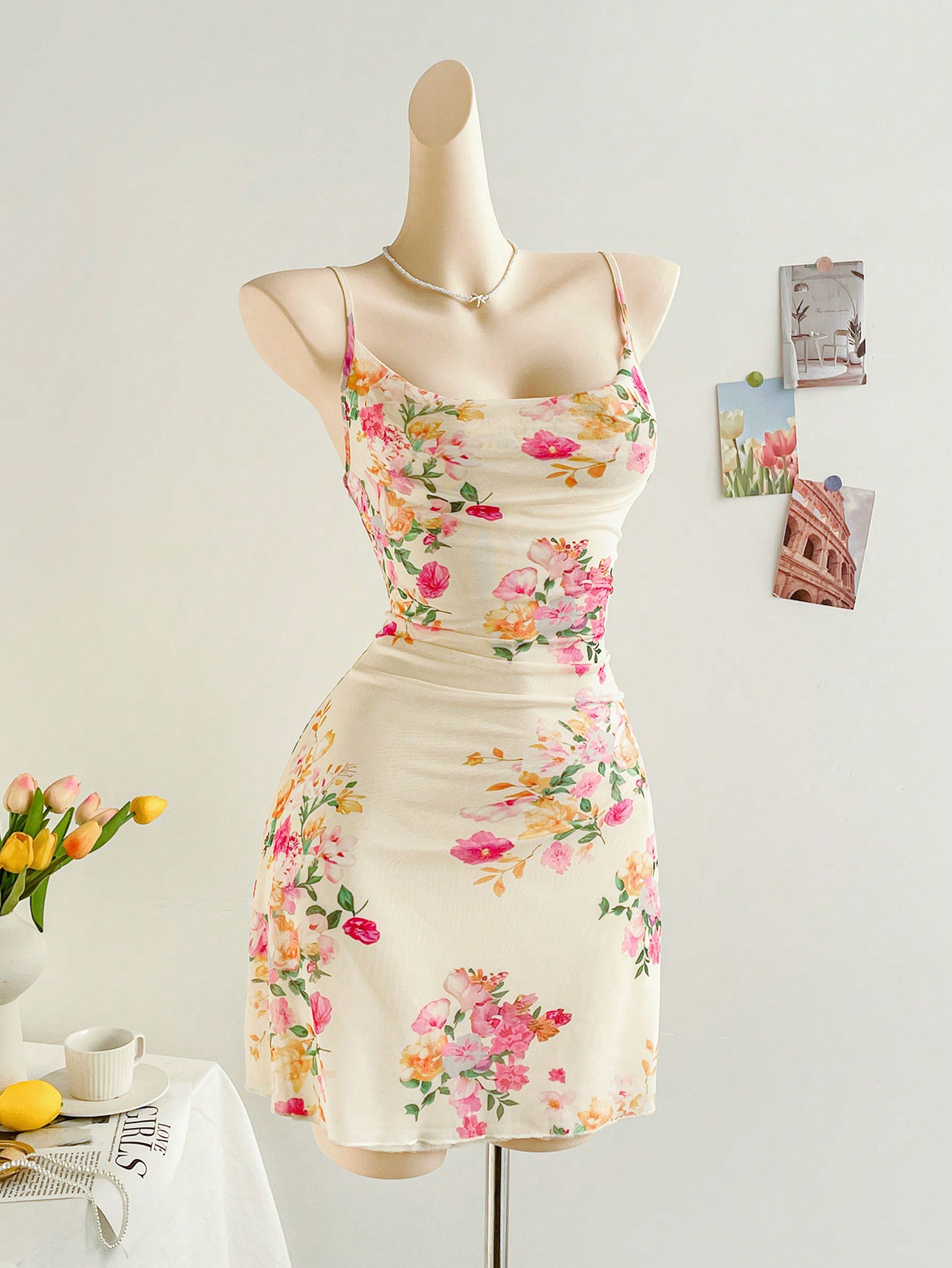 Figure Hugging Mesh Floral Print Halter Dress, Stylish Elegant Womens Party Wear – view 4