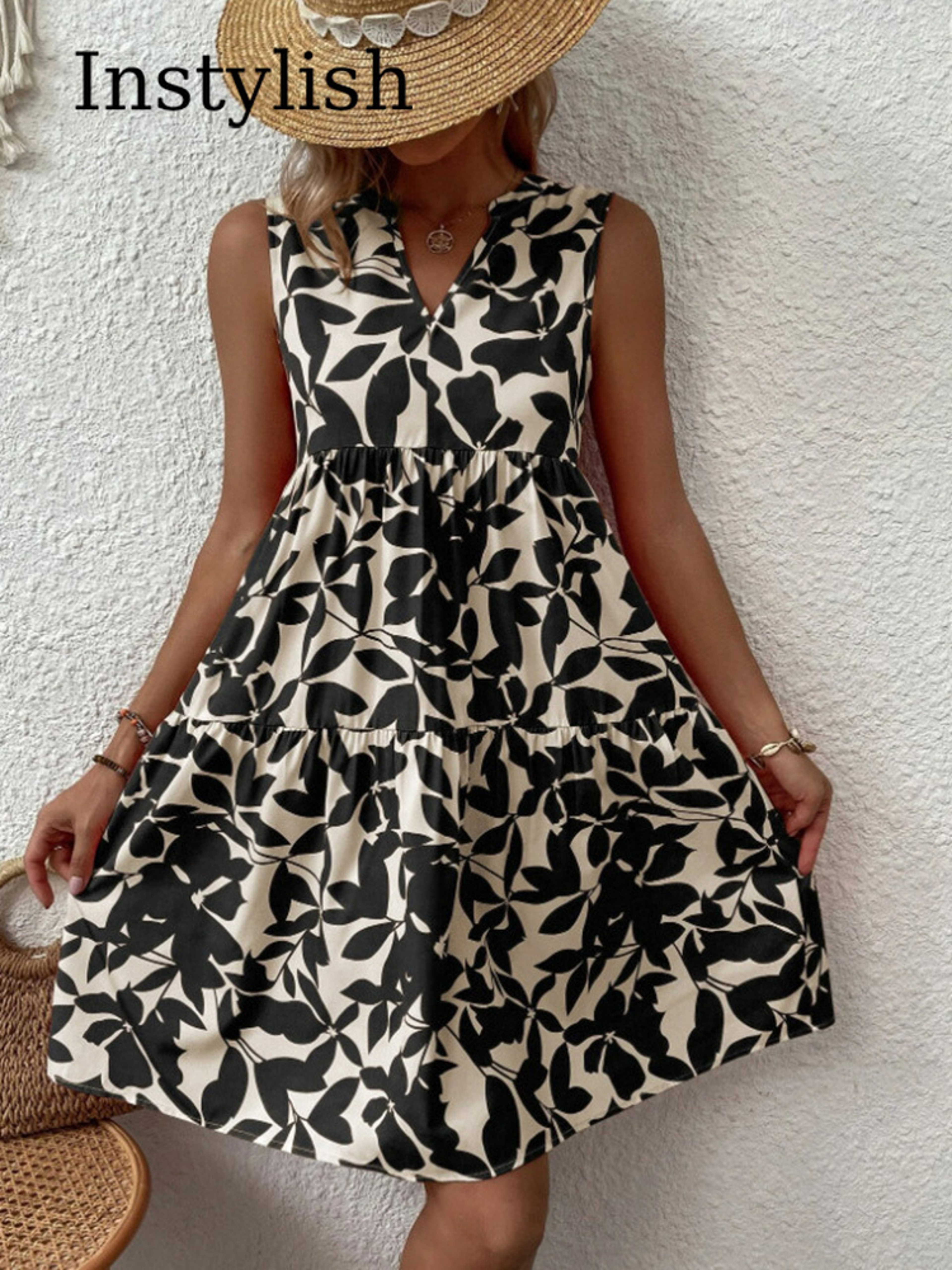 Women Boho Print Mini Dress, Summer Elegant Sleeveless Neck Ruffle A Line Tank Dress, Casual Loose Oversize Beach Party – view 4