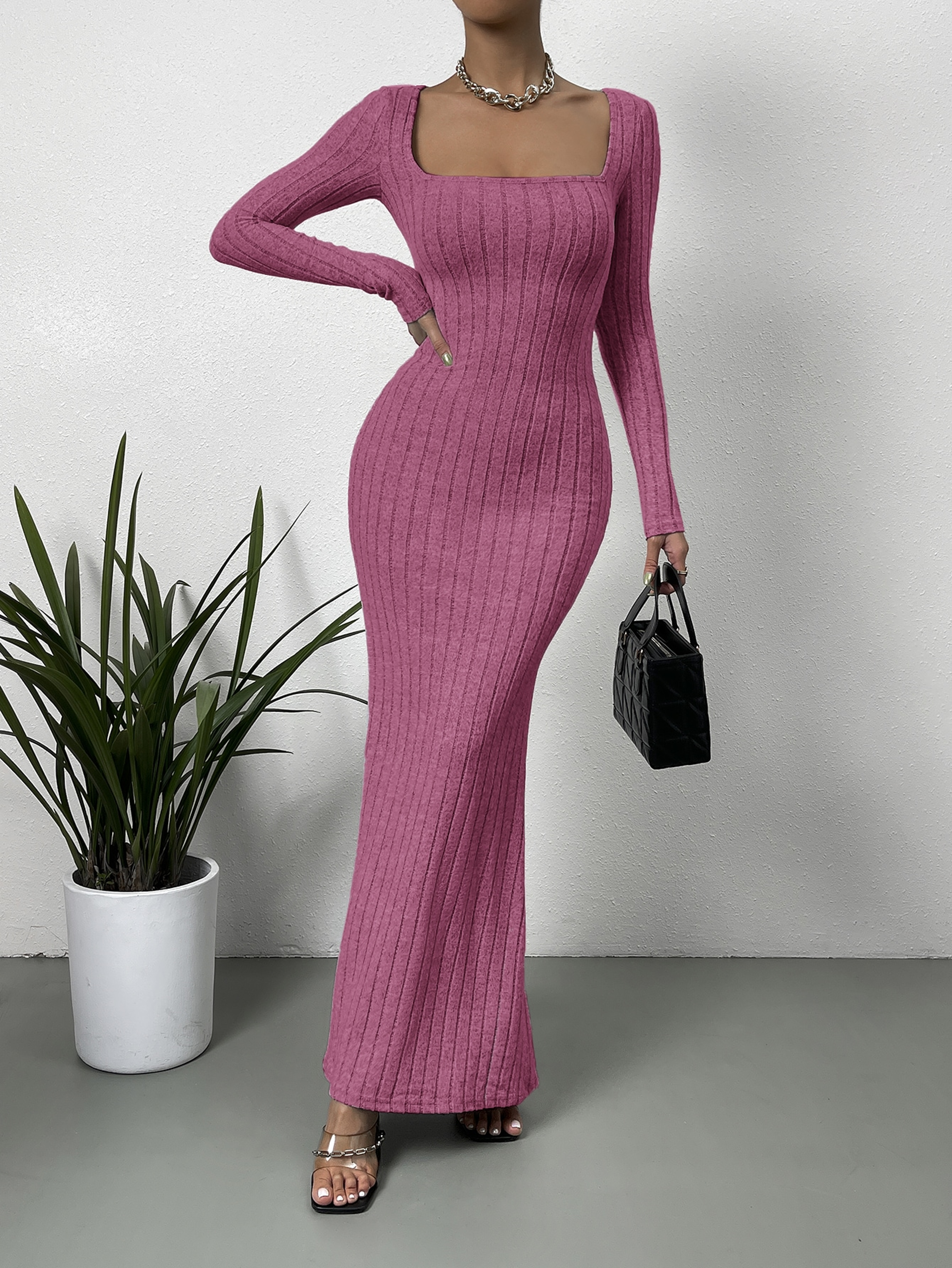 Low Cut Solid Color Slim-fit Long-sleeved Dress, Mature Sexy Fashion All-match New Line Neck – view 3