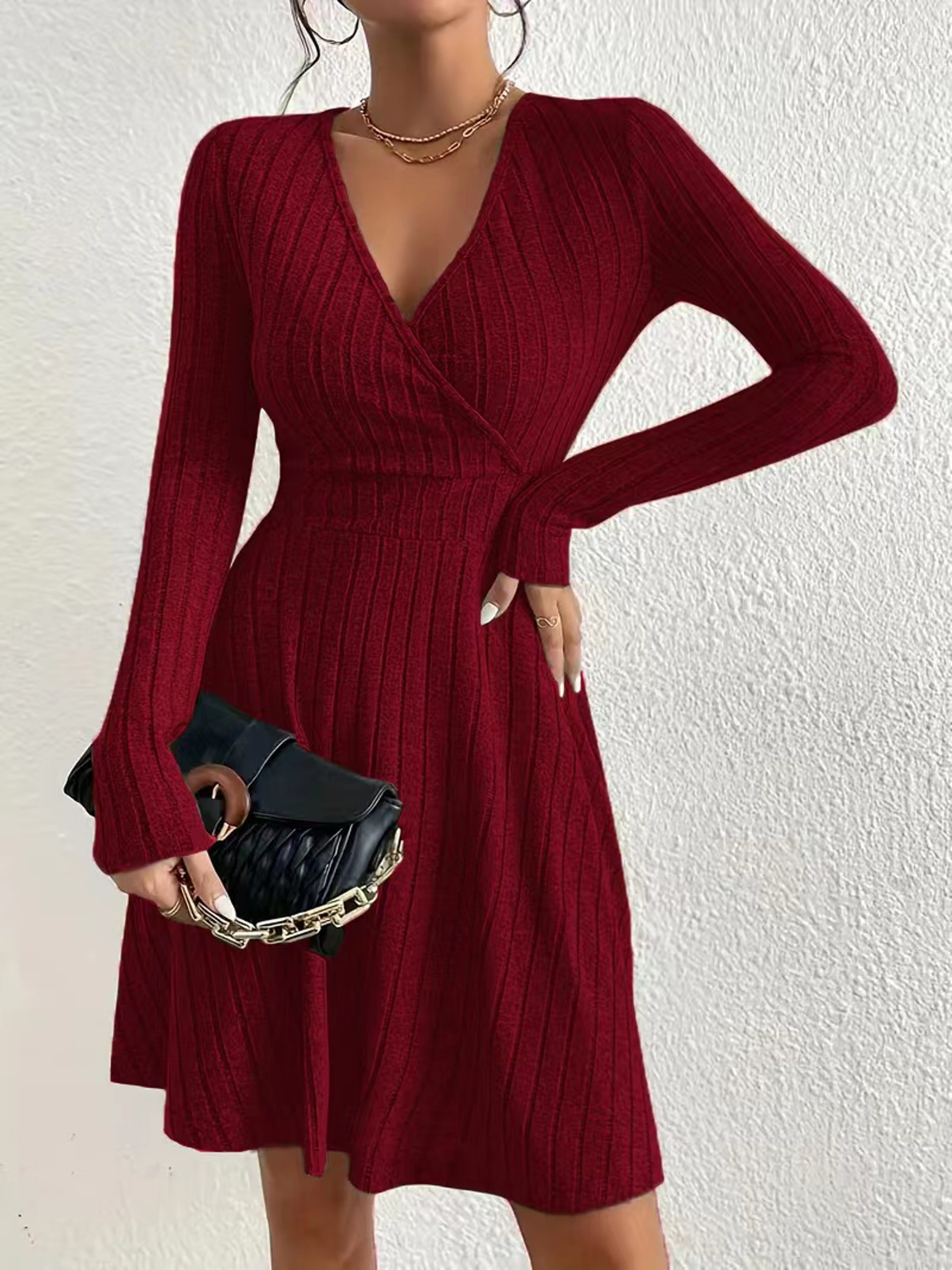 Elegant Plus Size Womens Ribbed Stretch Dress, Deep V Neck Cross Over Long Sleeve Work to Casual Dress – view 1