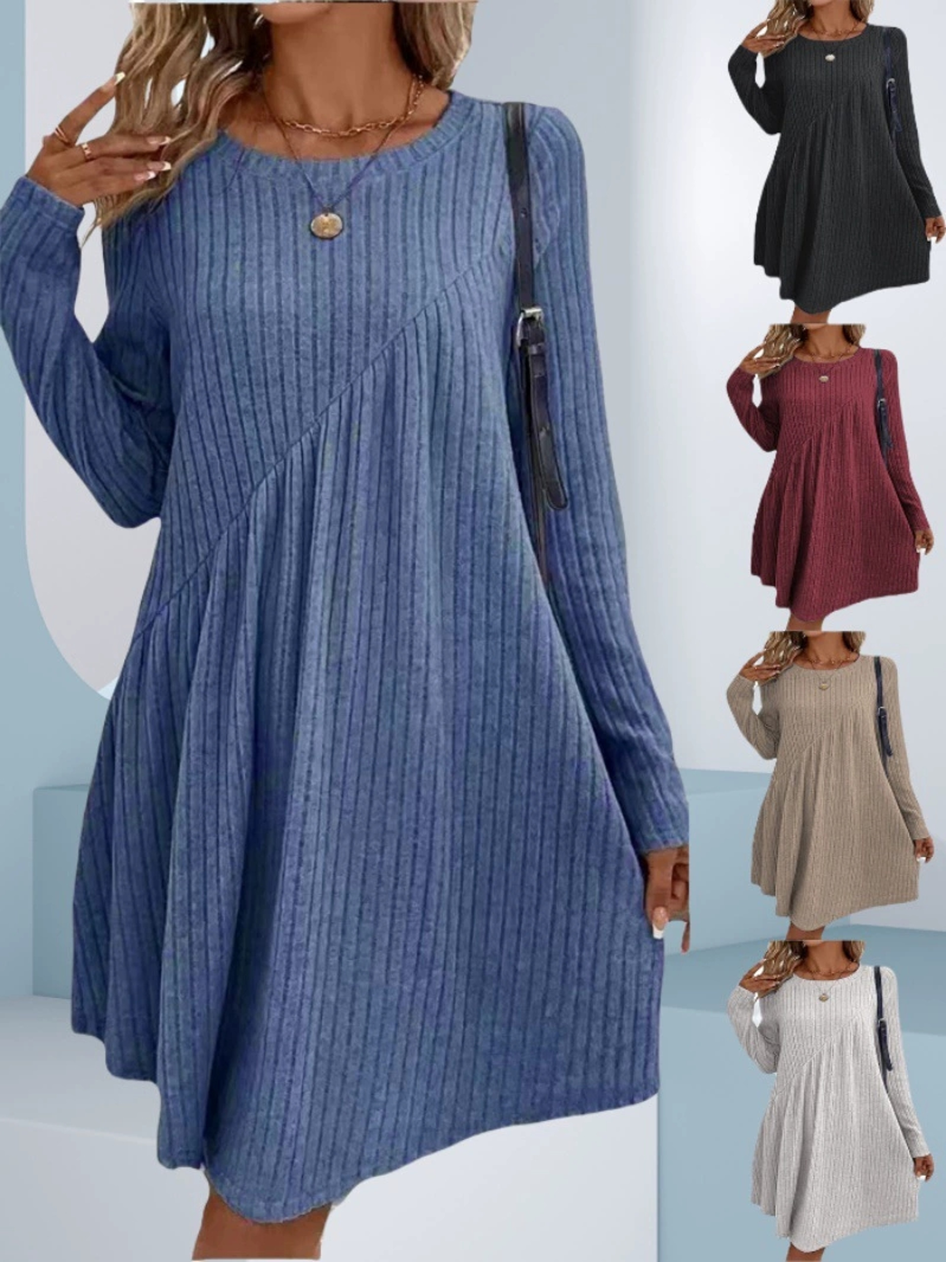 Irregular Brushed Ribbed Knit Dress, Autumn Winter Bohemian Solid Color Dress for Women – view 1