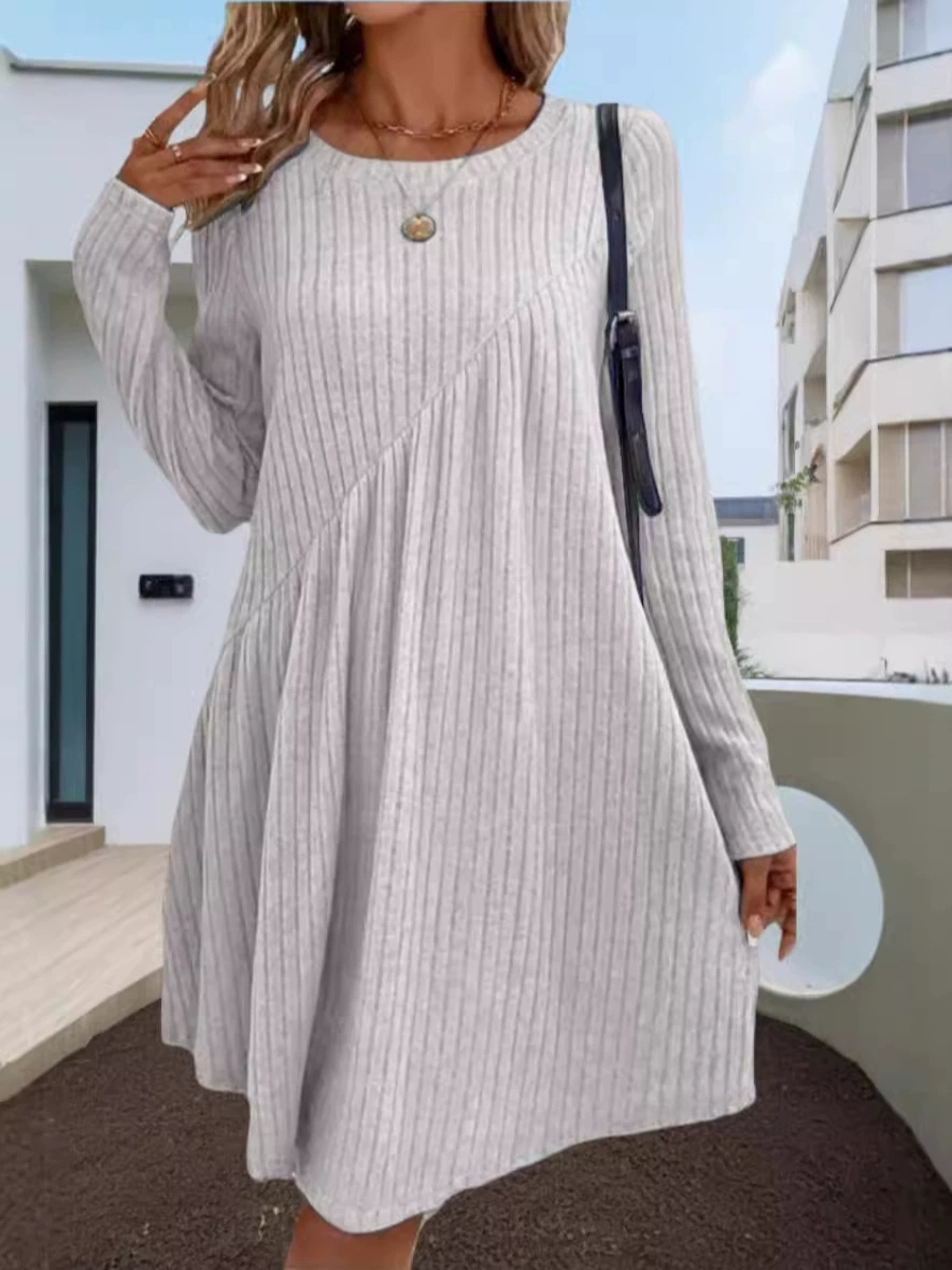 Irregular Brushed Ribbed Knit Dress, Autumn Winter Bohemian Solid Color Dress for Women – view 6