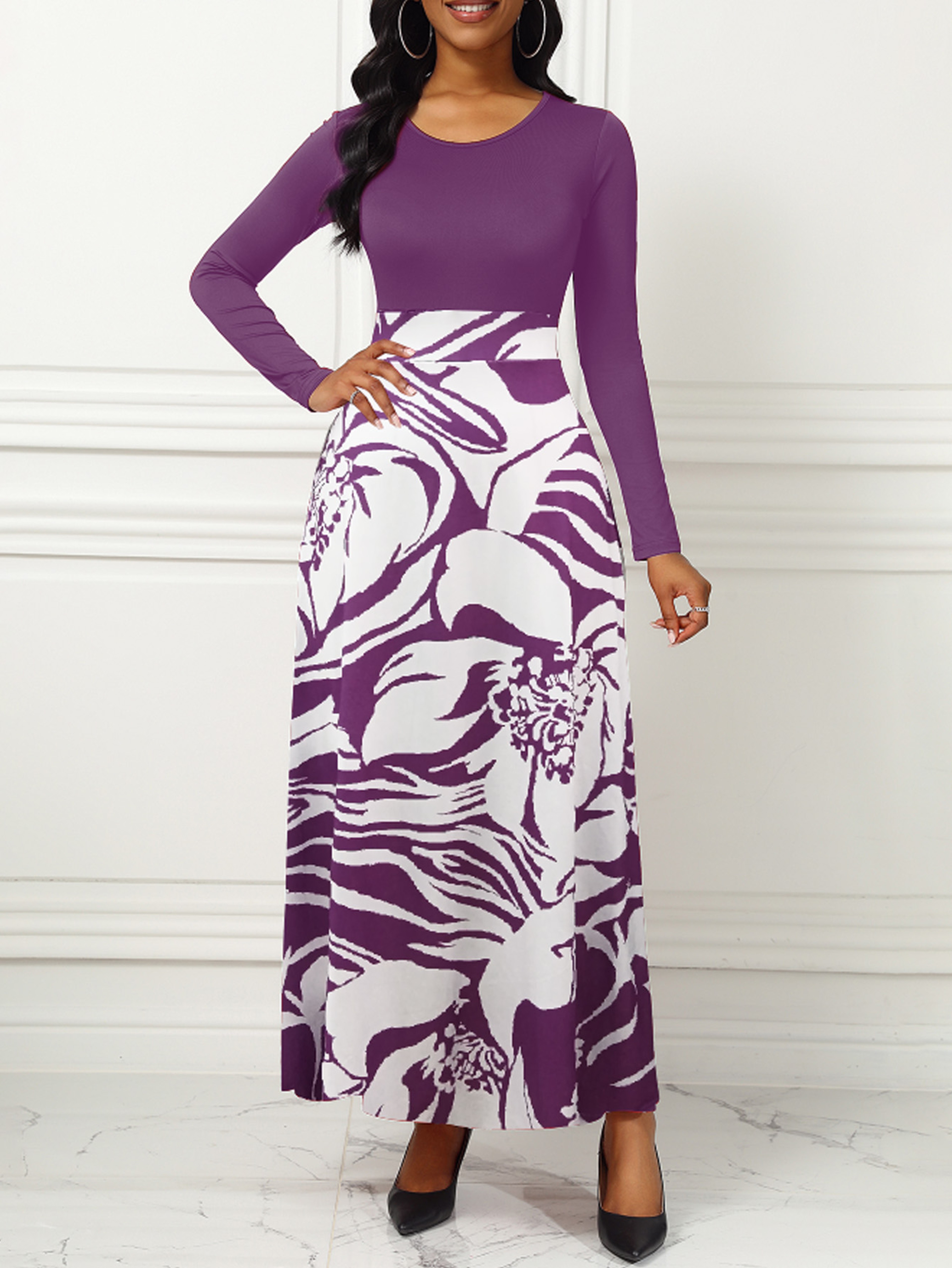 Purple Elegant Style Women Dresses Long Sleeve Round Neck, Printed Hem Long Dress – view 2