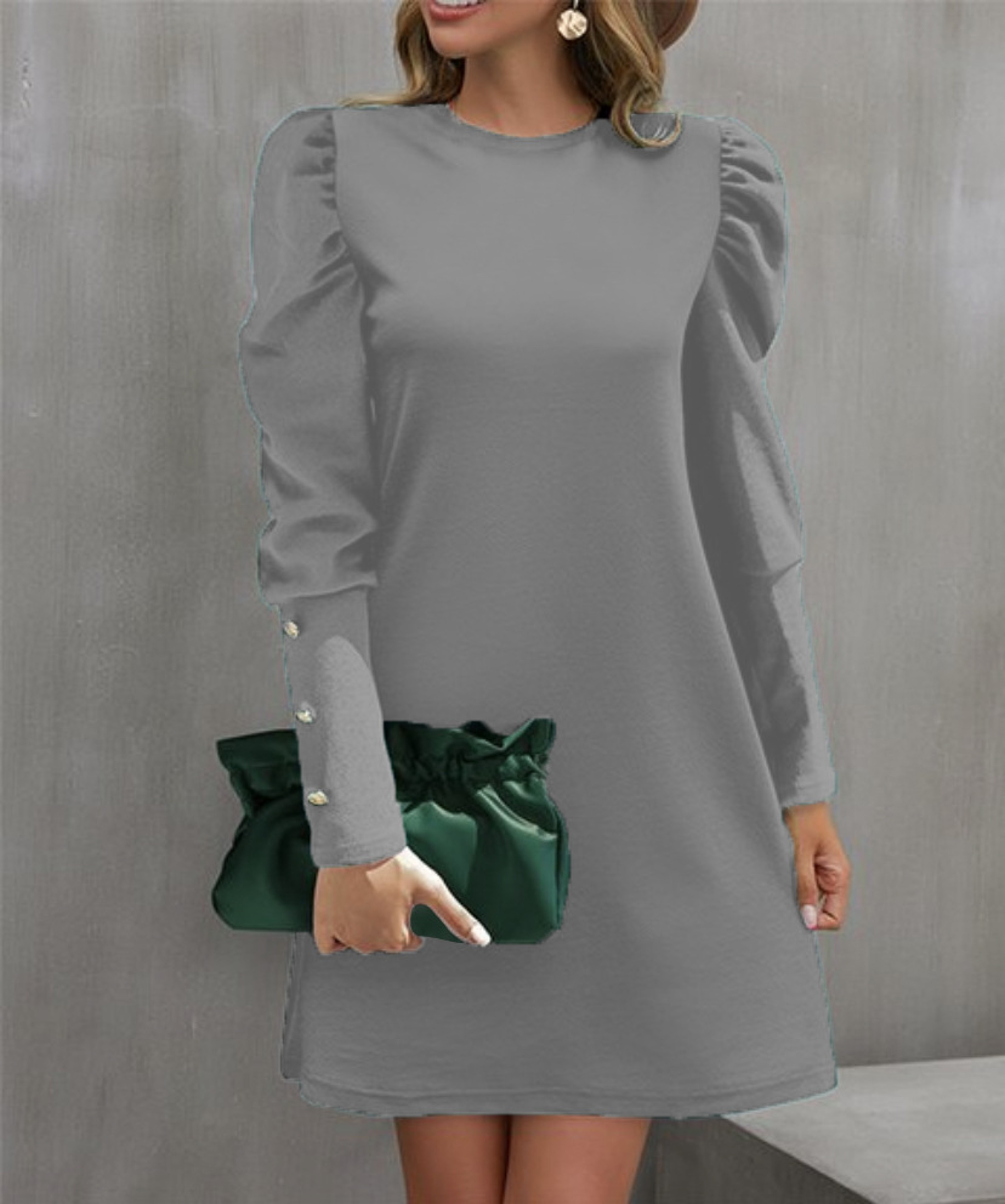 Solid Color Round Collar Bubble Sleeve Button Long-Sleeved Dress, Women's Autumn and Winter New Fashion Outfit – view 7
