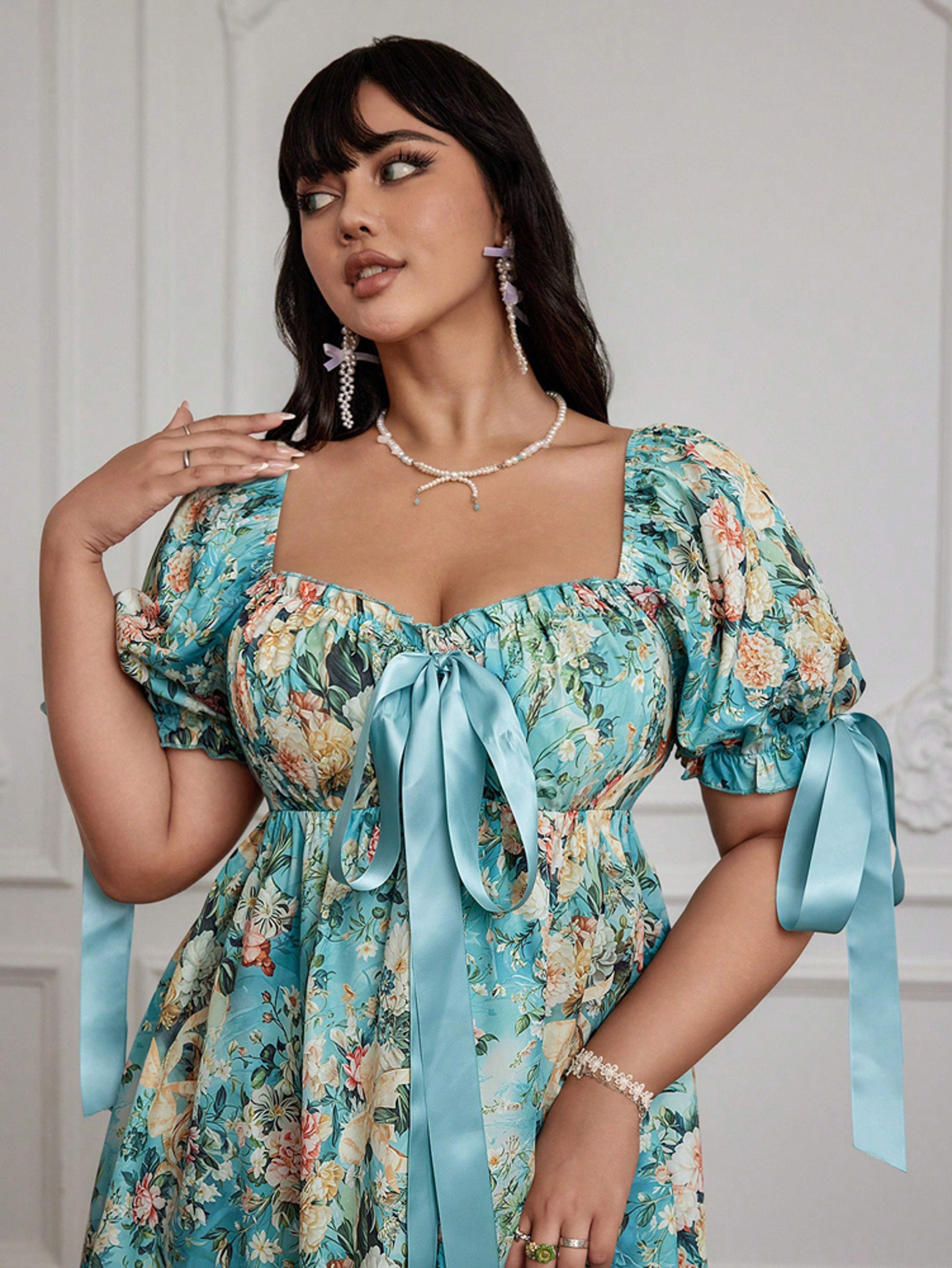 Romantic Floral Pattern Square Neck Dress for Ladies, Short Sleeve Elegant Chinese Inspired Teenager Wear – view 5