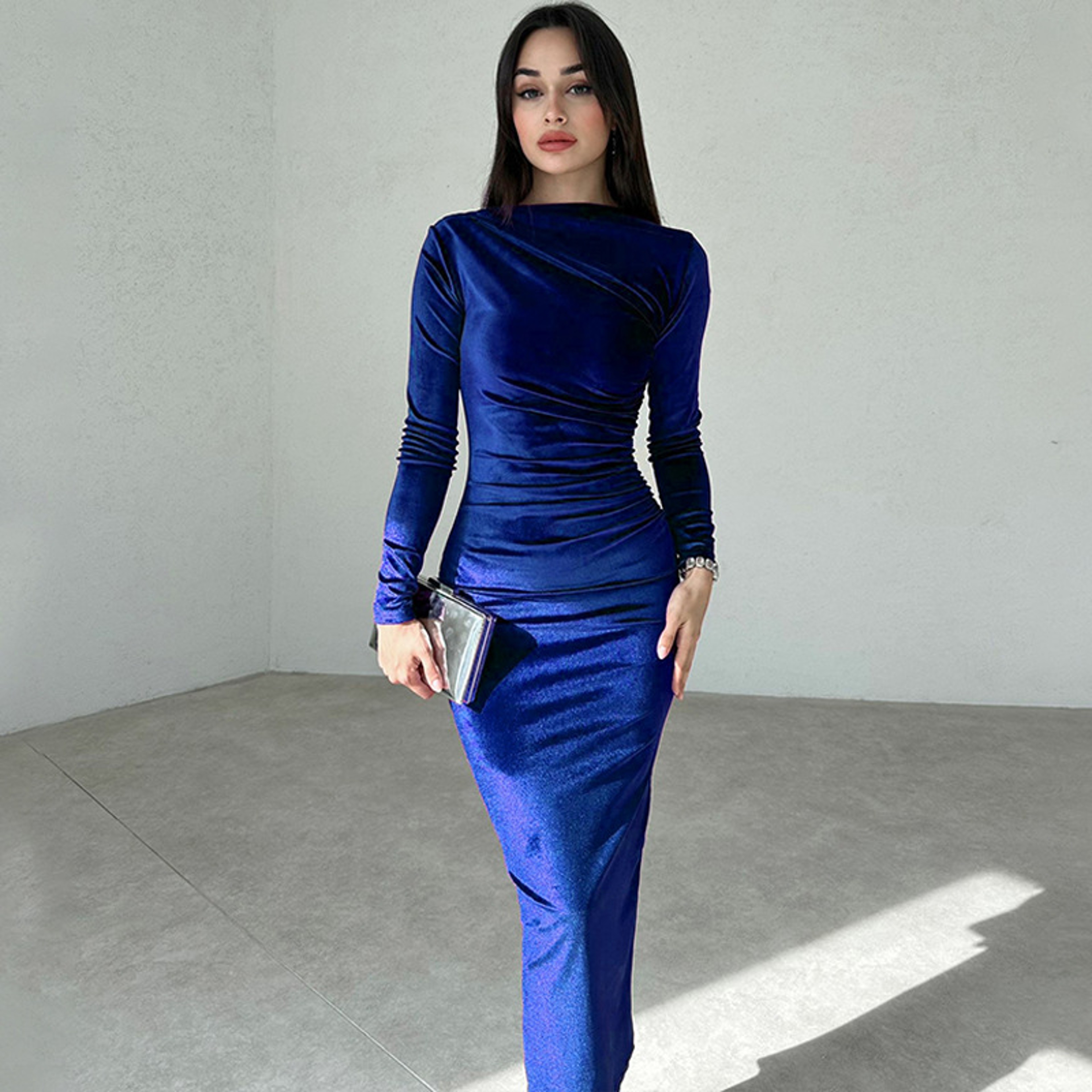 Elegant Party Clothes, Midi Dress For Women Ruched Long, Evening Green Outfits – view 3