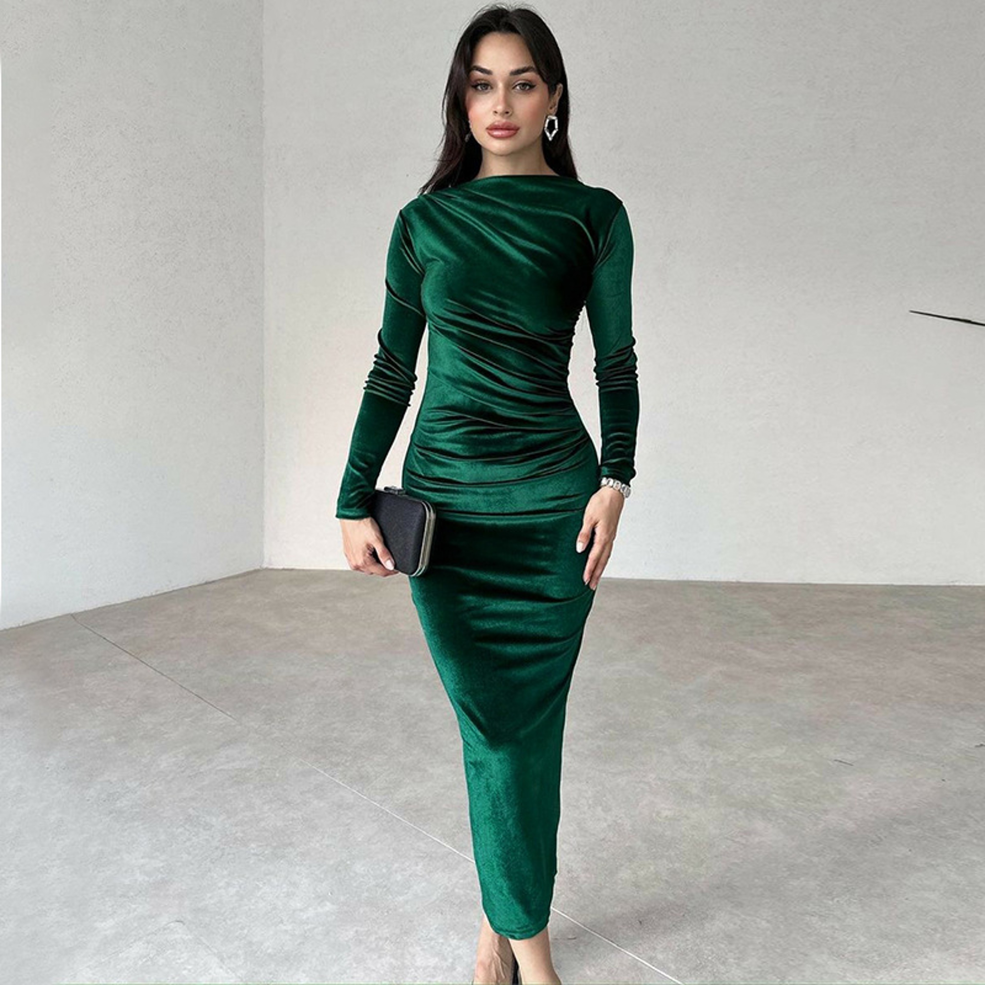Elegant Party Clothes, Midi Dress For Women Ruched Long, Evening Green Outfits – view 7