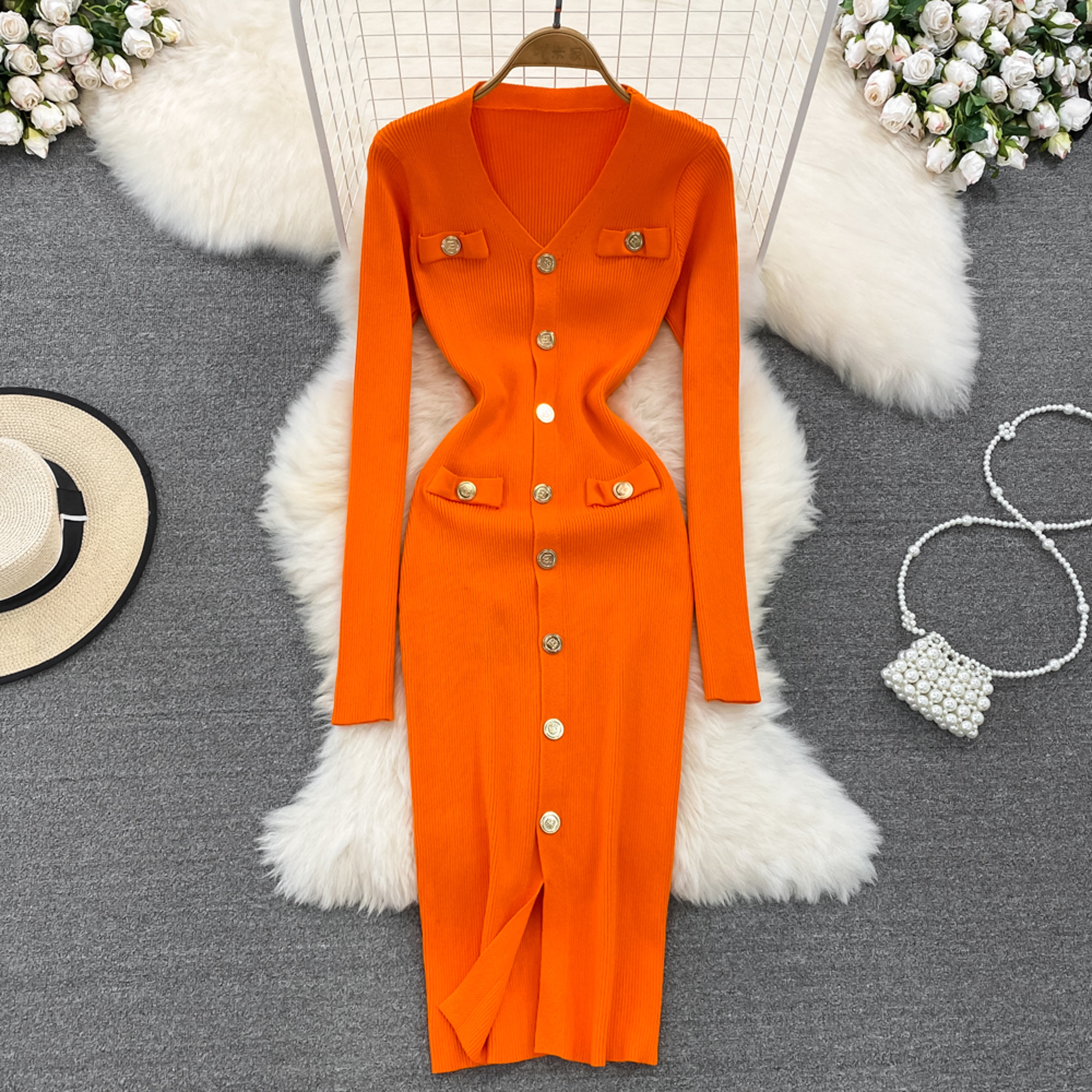 Solid Front Split Midi, New Single Breasted Long Sleeve, Dresses Female – view 12