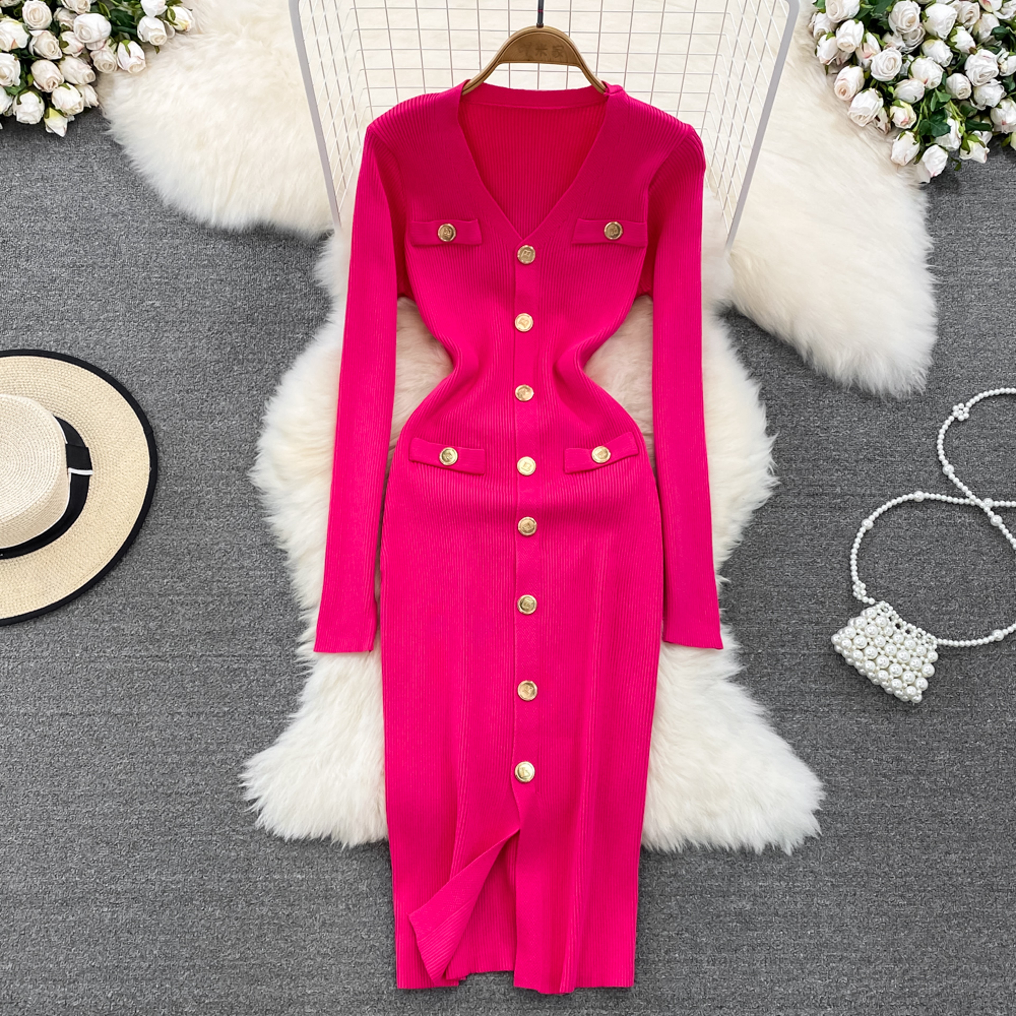 Solid Front Split Midi, New Single Breasted Long Sleeve, Dresses Female – view 13