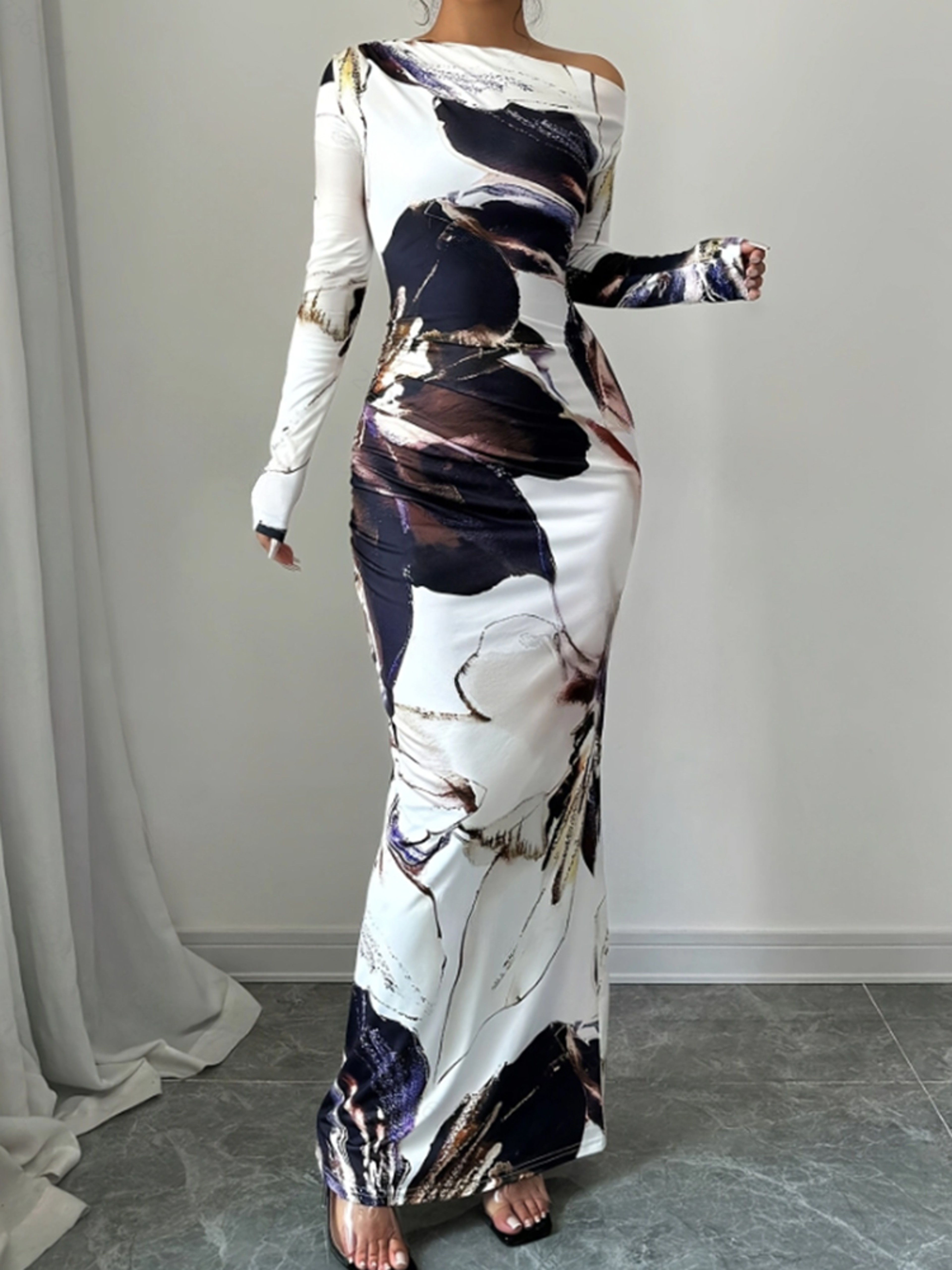 Slanted Shoulder Dress For Women, Long Sleeved Spring Summer Style – view 1