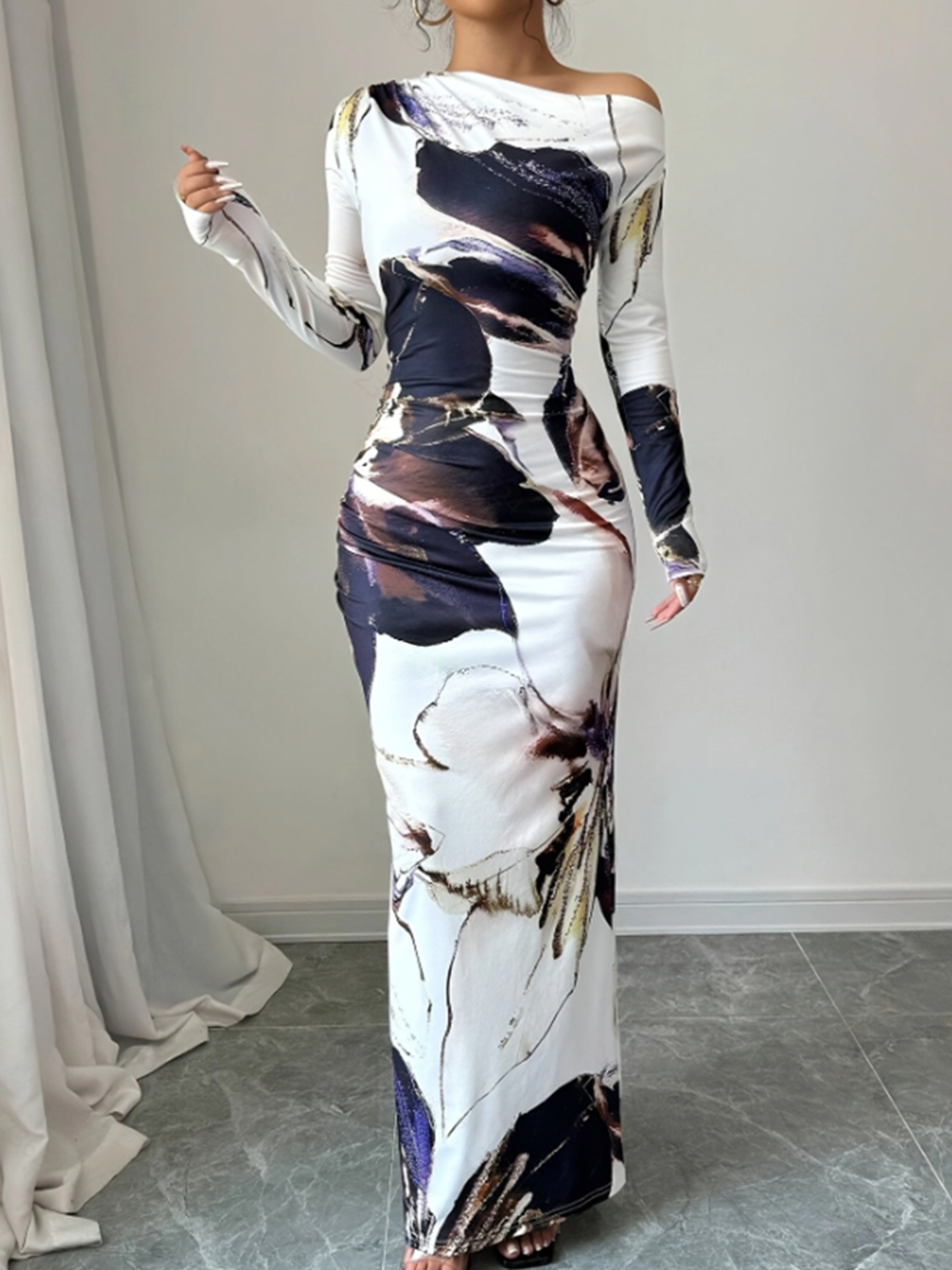 Slanted Shoulder Dress For Women, Long Sleeved Spring Summer Style – view 3