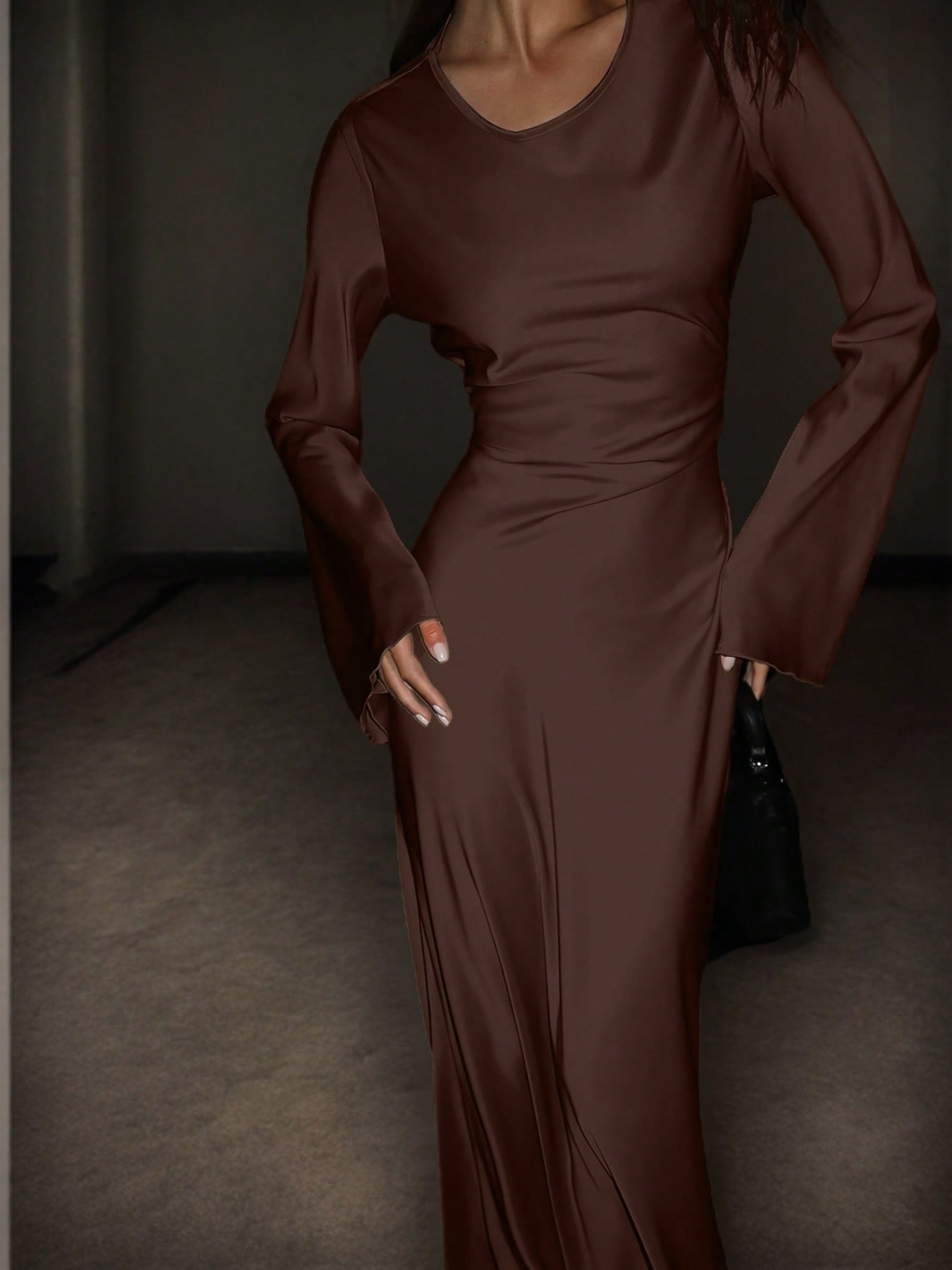 Luxury Womens Satin Maxi Dress, Bespoke Corset Waist Tie, Classic Round Neck, Flared Sleeve Evening Dress – view 2