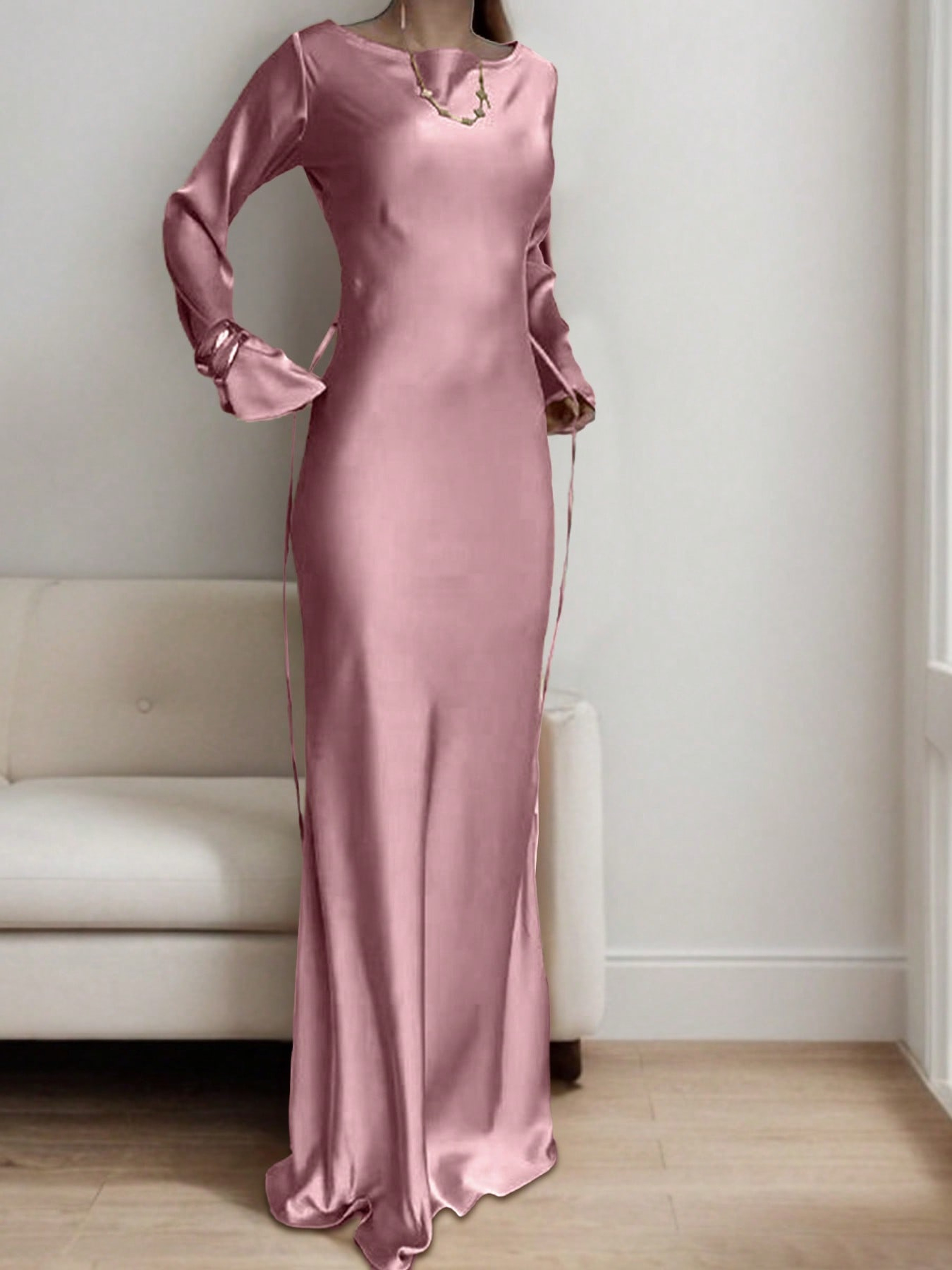 Luxury Womens Satin Maxi Dress, Bespoke Corset Waist Tie, Classic Round Neck, Flared Sleeve Evening Dress – view 7