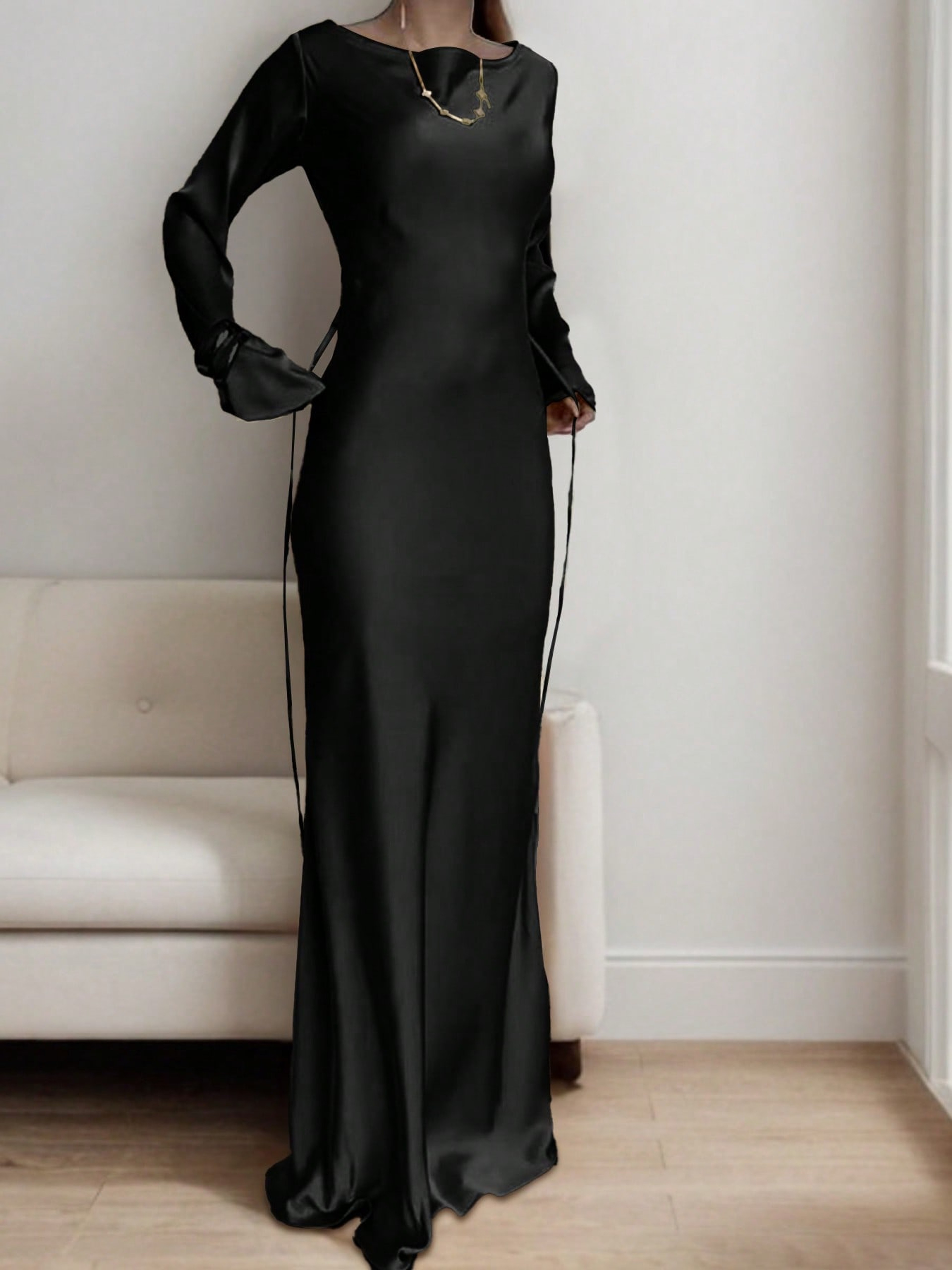 Luxury Womens Satin Maxi Dress, Bespoke Corset Waist Tie, Classic Round Neck, Flared Sleeve Evening Dress – view 11