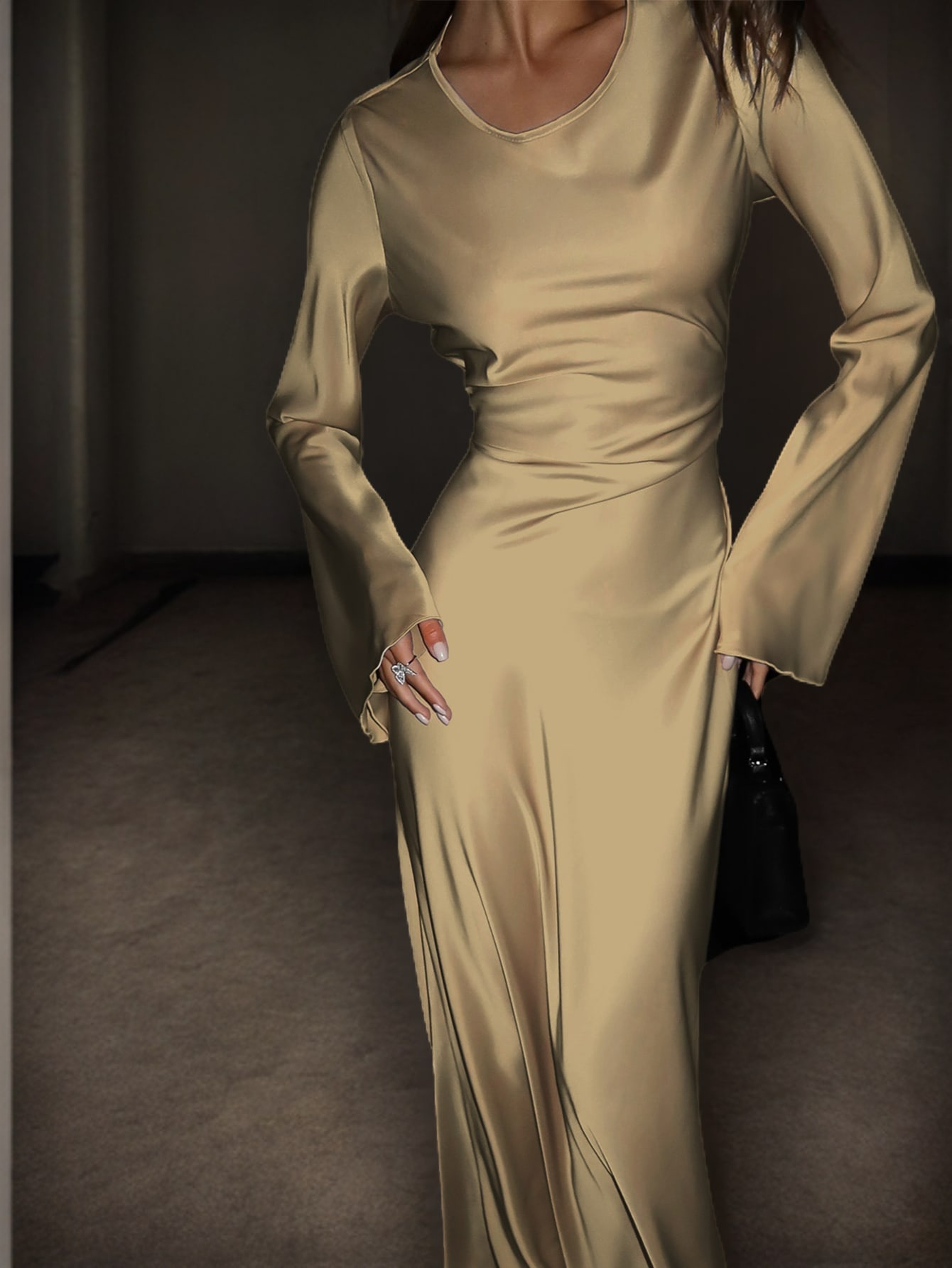 Luxury Womens Satin Maxi Dress, Bespoke Corset Waist Tie, Classic Round Neck, Flared Sleeve Evening Dress – view 9
