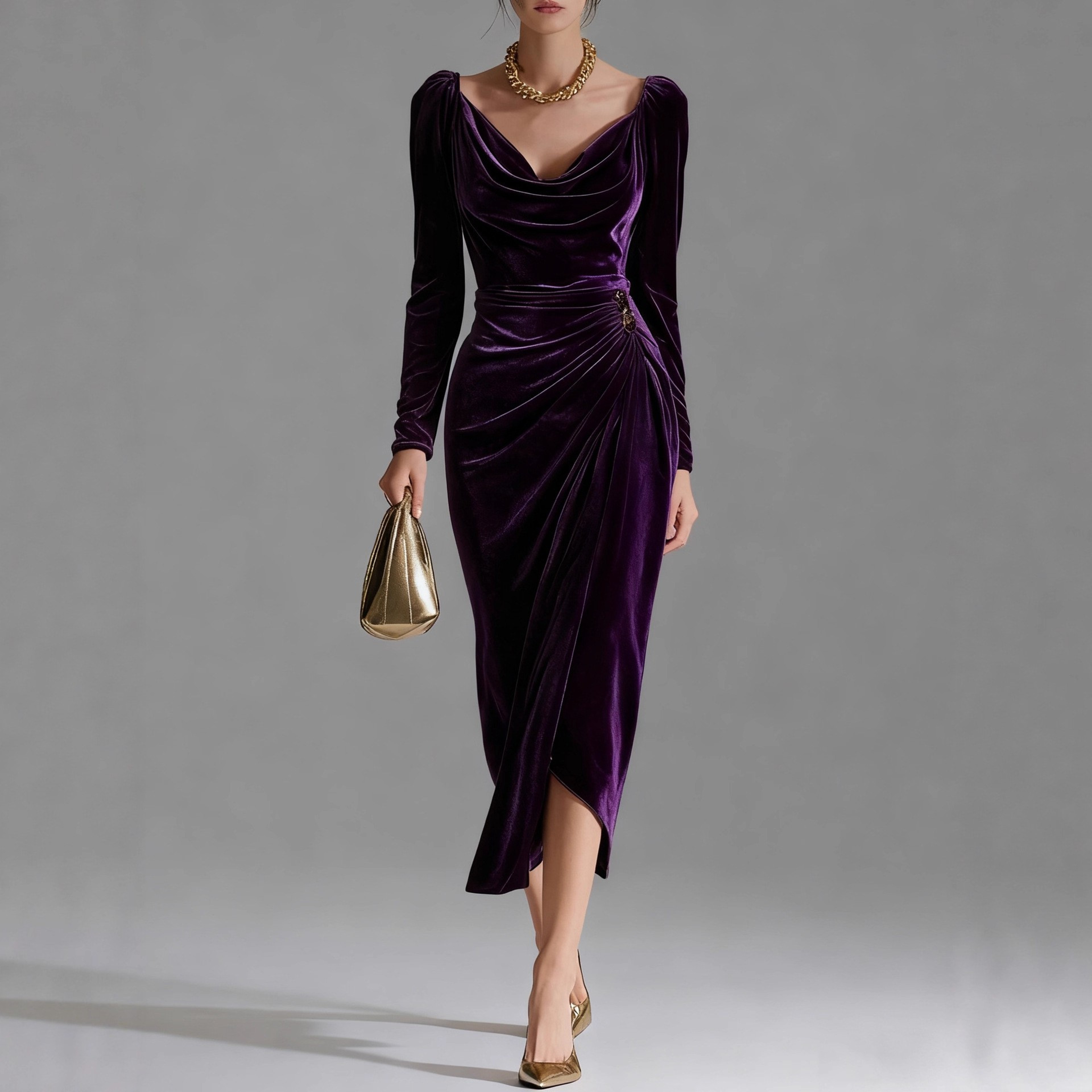 Casual Gold Velvet Sexy Bodycon Dress, European and American Womens Long Sleeve Slim Pleated Split Style – view 3