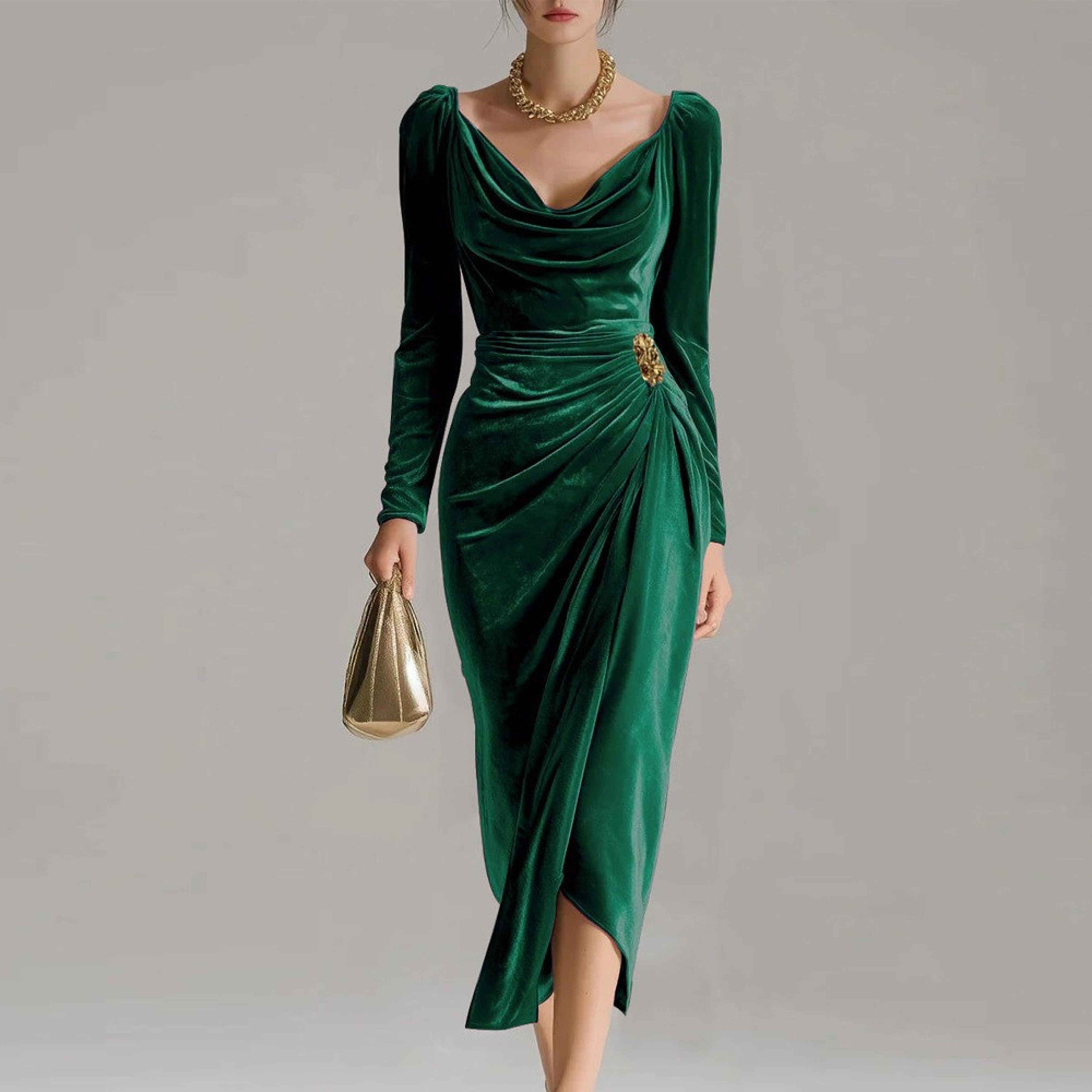 Casual Gold Velvet Sexy Bodycon Dress, European and American Womens Long Sleeve Slim Pleated Split Style – view 4