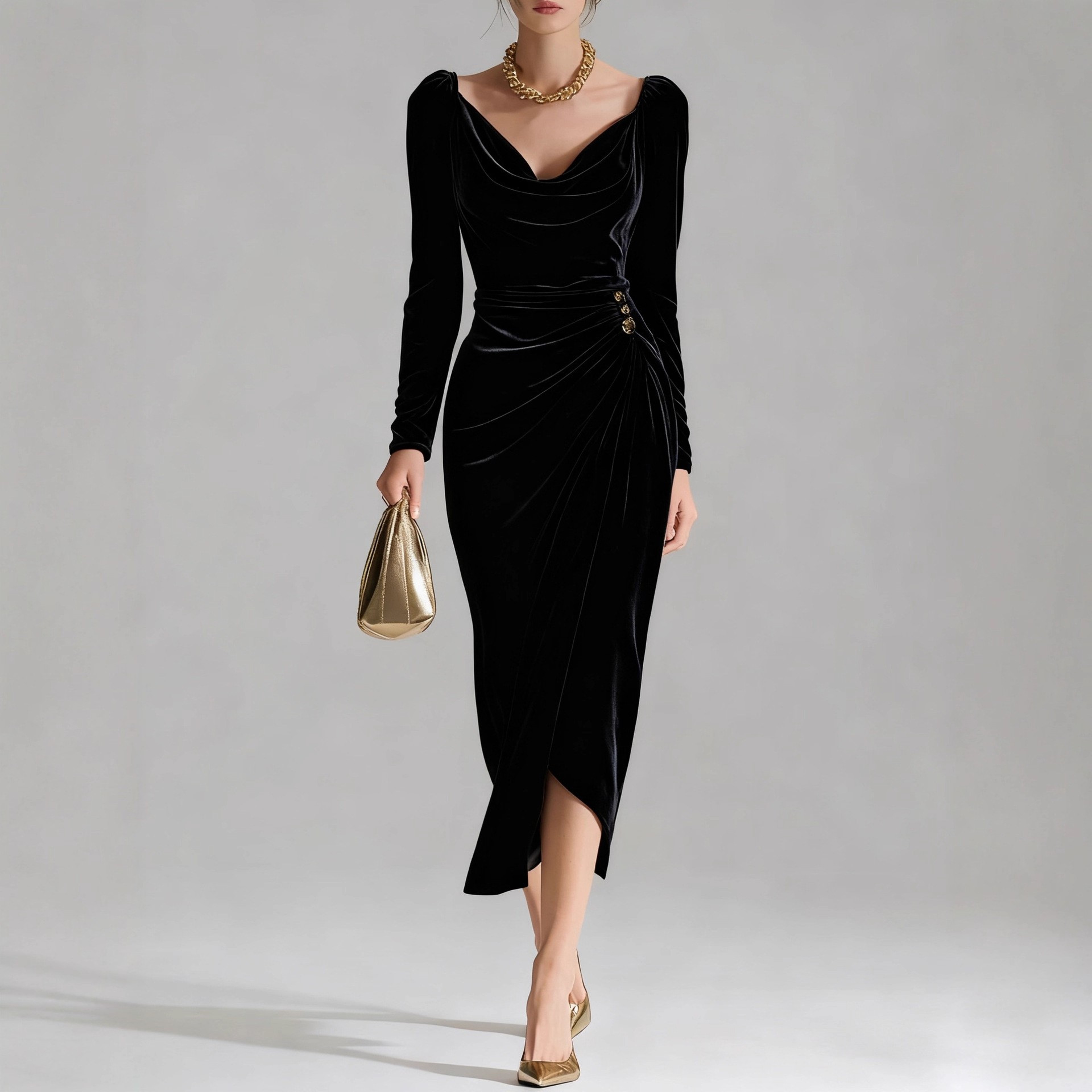 Casual Gold Velvet Sexy Bodycon Dress, European and American Womens Long Sleeve Slim Pleated Split Style – view 8