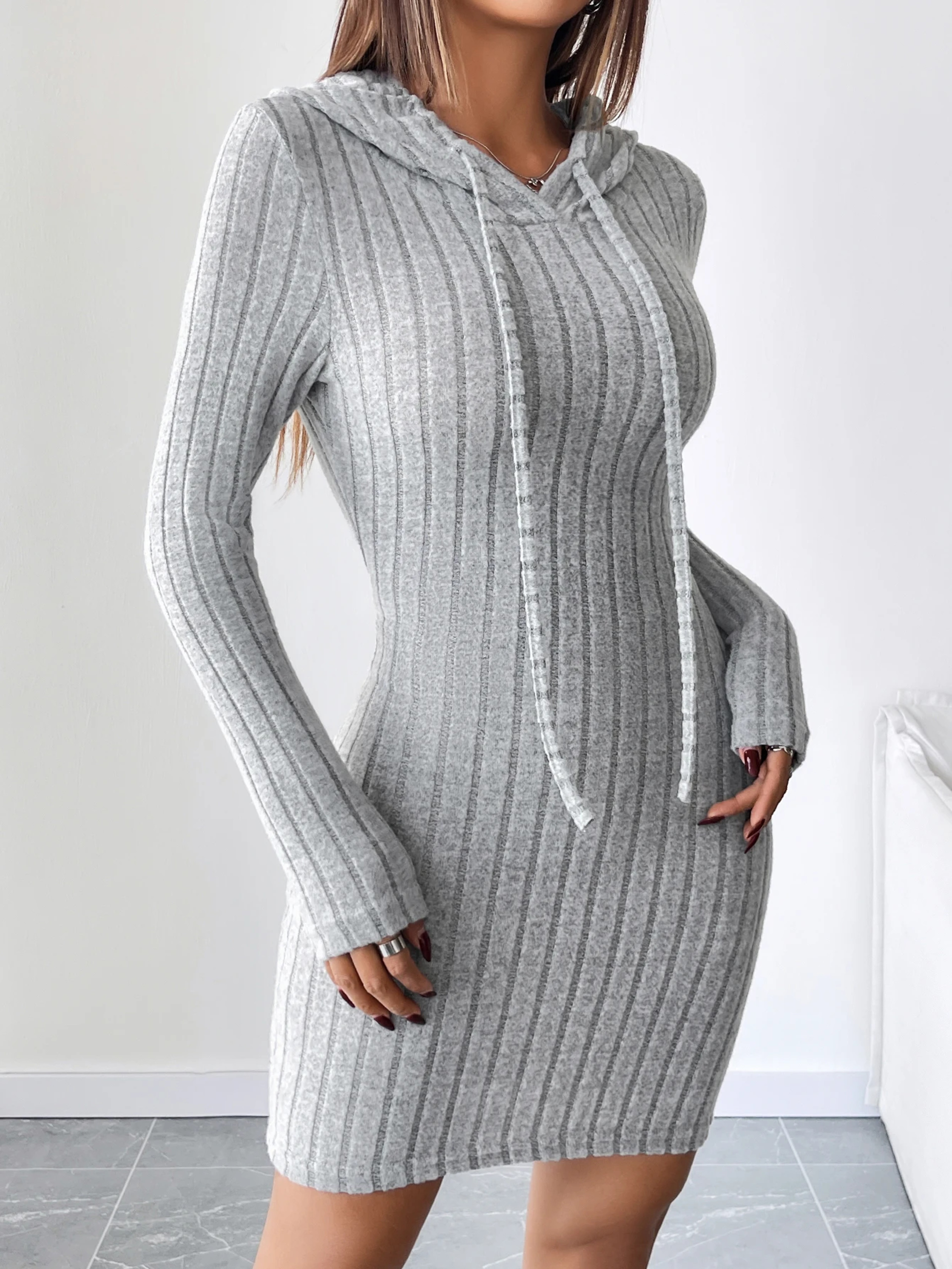 Comfortable Casual Hooded Slim Fit Dress Trendy Ribbed Knitted Style With Drawstring For Women 4