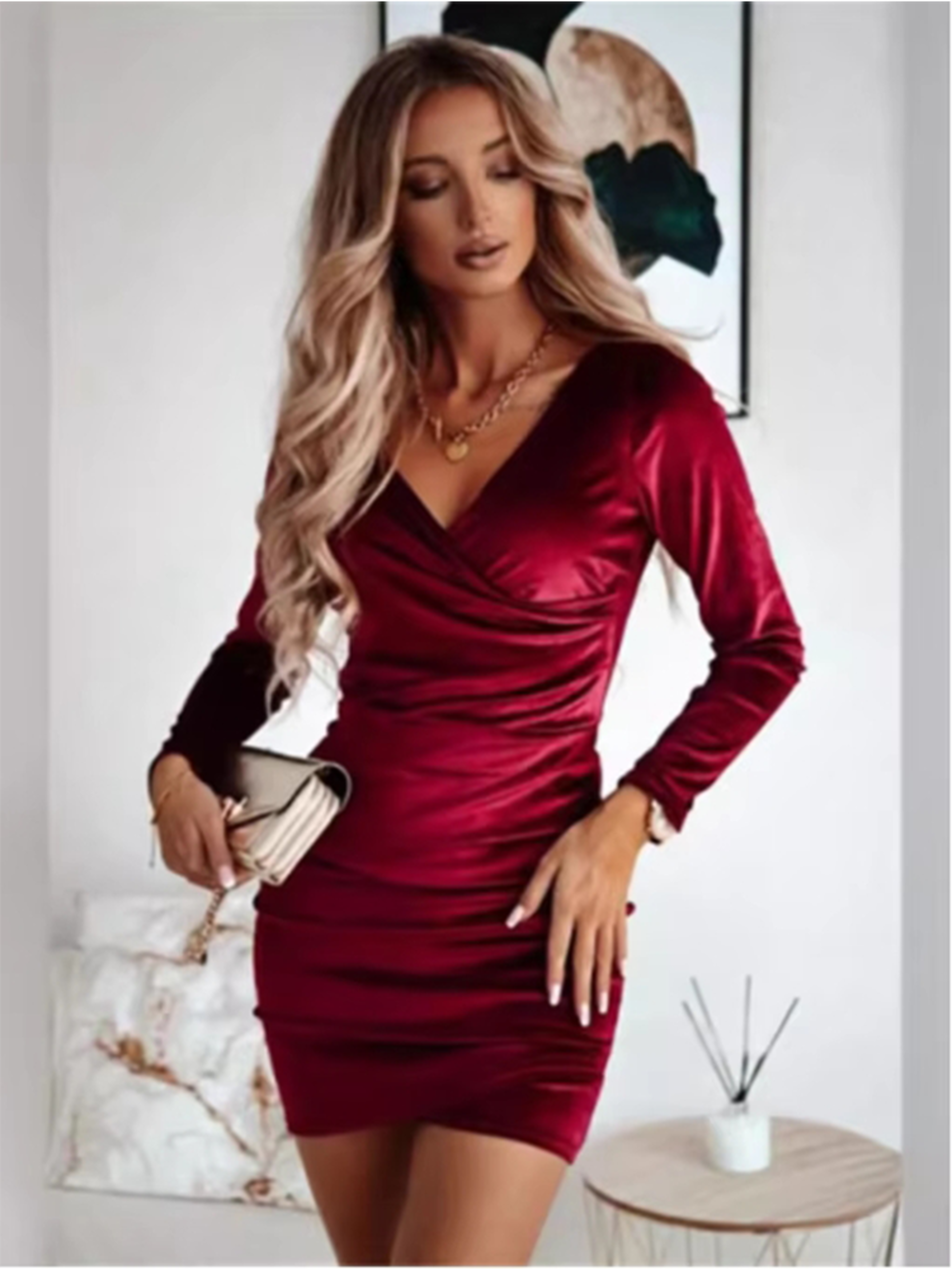 Women Velvet Bodycon Mini Dress, Lady Solid Color V Neck Long Sleeved Party Dress for Autumn Winter – view 7