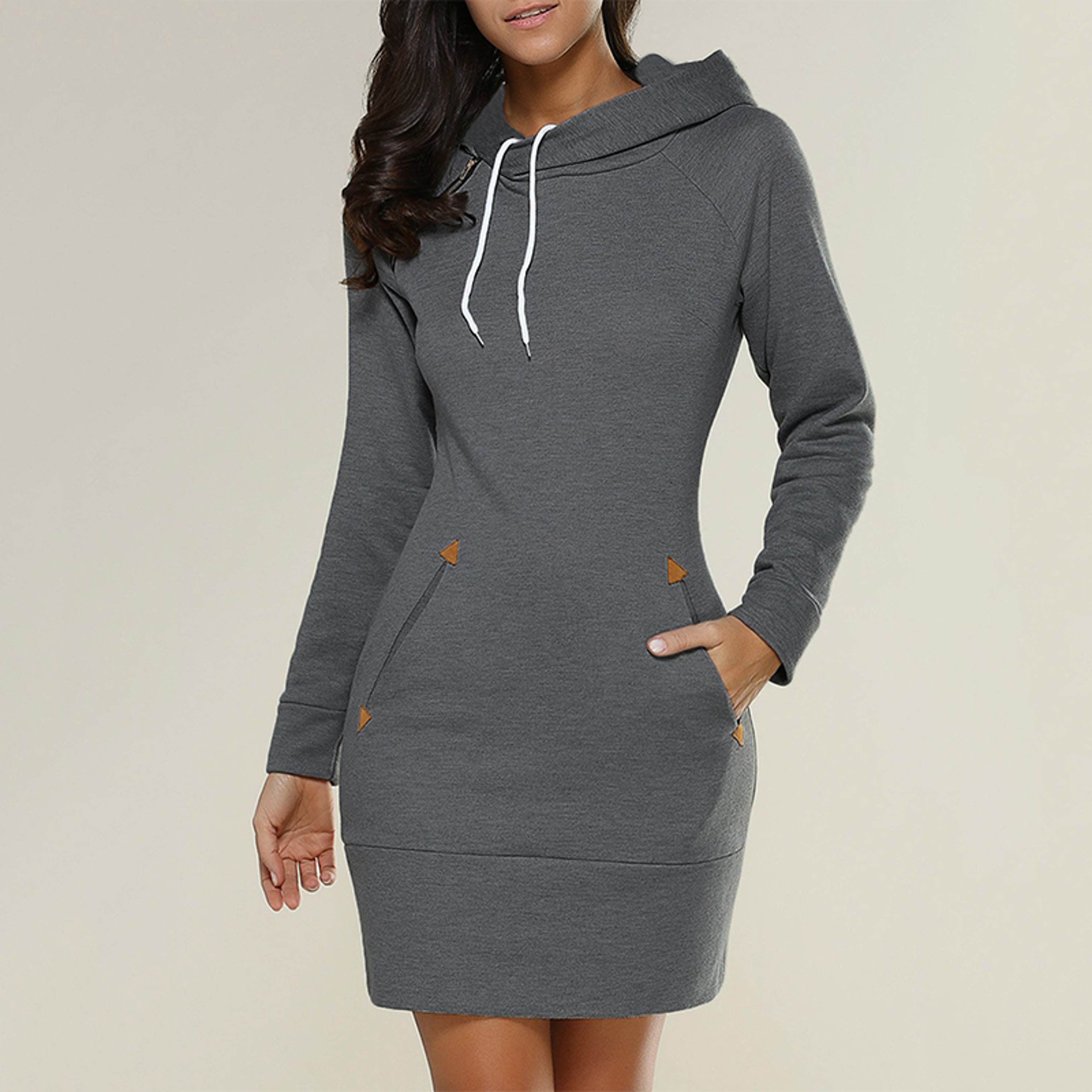 Hooded Warm Sweat Shirt Dress, Womens Knee Length, Long Sleeve, Side Zip Neckline, Pockets, Simple Casual Sports Skirt – view 2